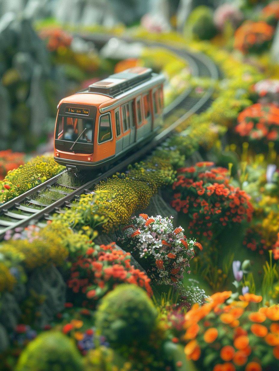Metro on the tracks, surrounded by flowers, on top green grass, in the style of cute cartoonish designs, dreamlike visuals, soft sculptures, webcam, bright colors, bold shapes, coastal landscapes, capturing moments