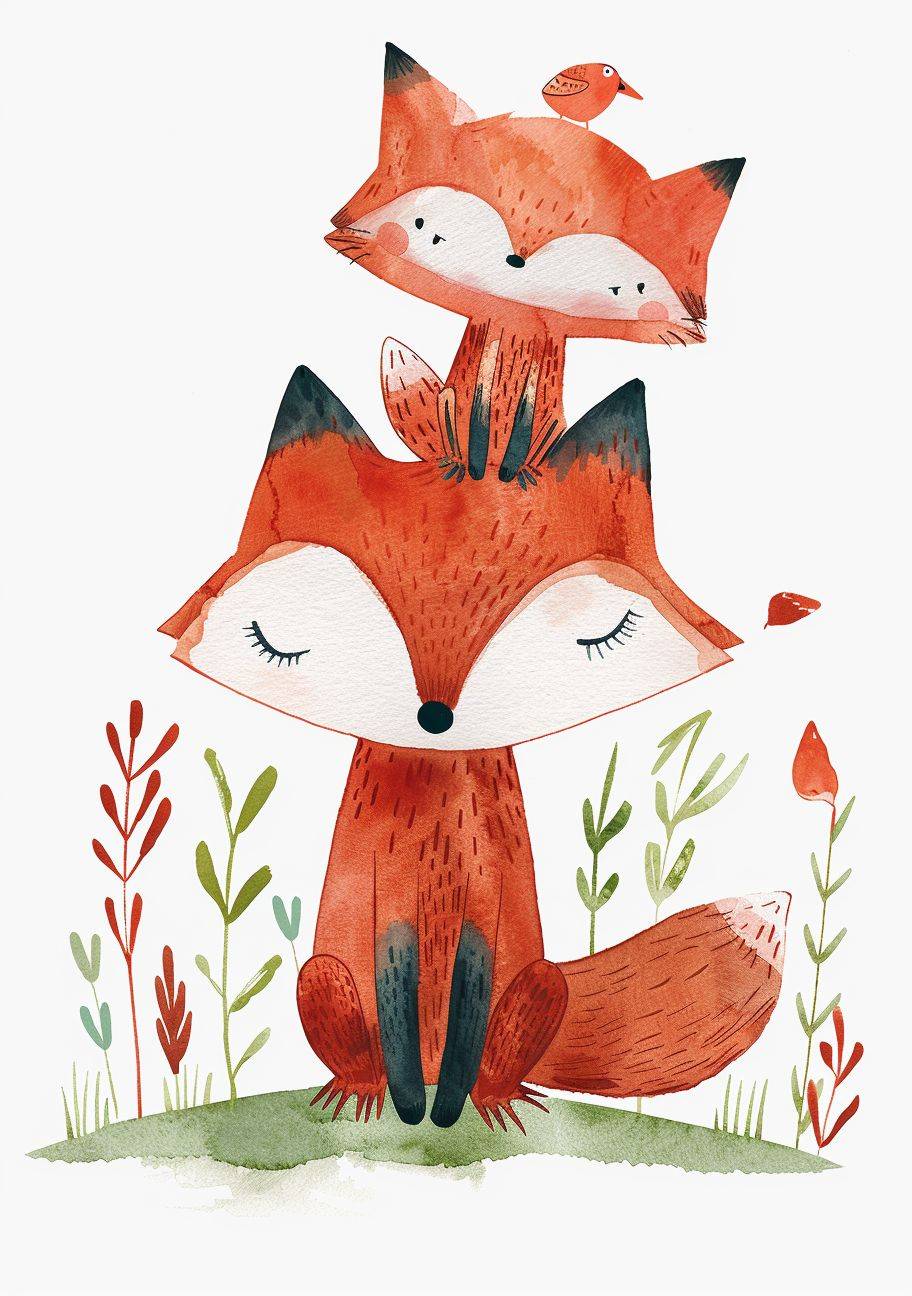 Two different sizes of red foxes depicted in a minimalist style with a bird squatting on their heads, jumping happily. White background, ultrafine details, Morikei, and illustrations.