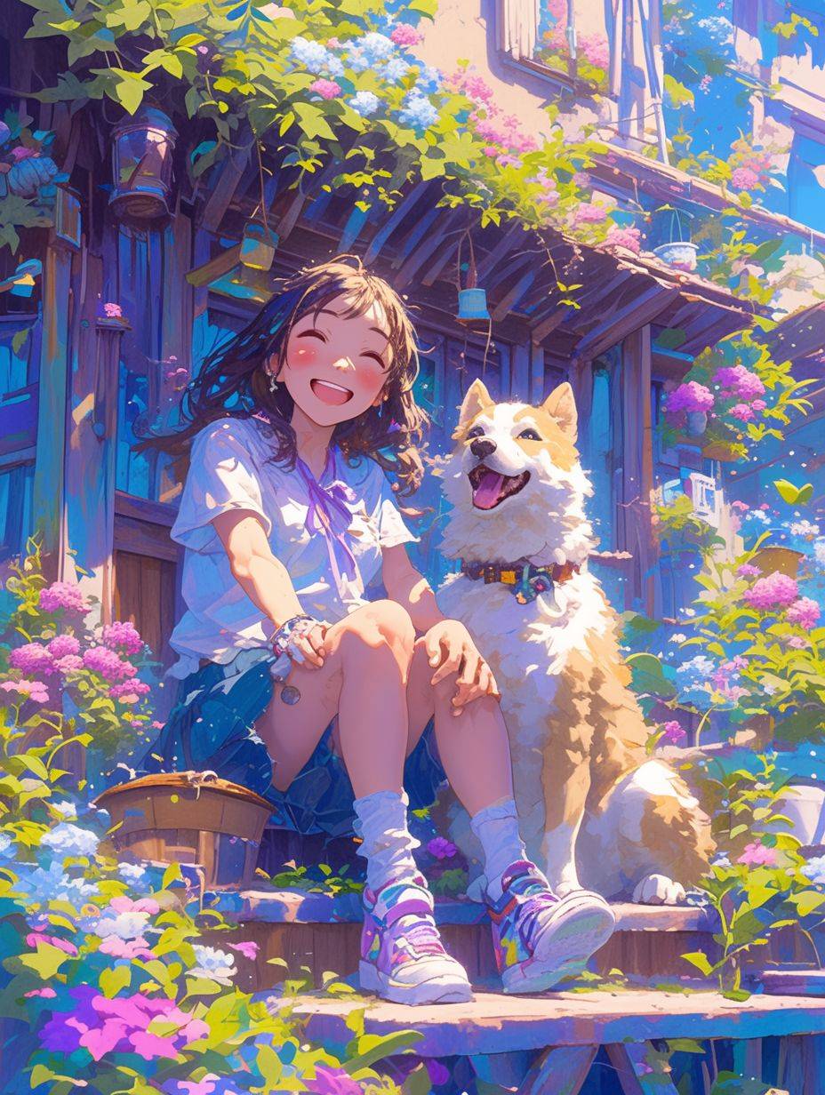 庭に座っている可愛い女の子が、犬と一緒にいて、愉快な表情、全身、木々、日光、青い空、白い雲、カラフルな屋外シーン、最高品質、超詳細です
