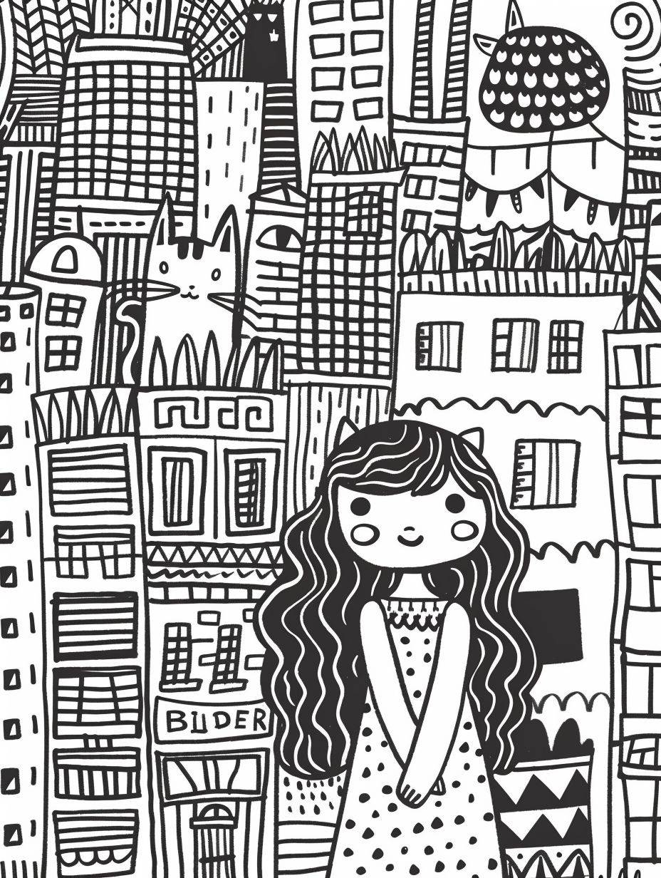 A cute little girl and a giant cat, Girl with long curly hair standing on the road of the city, Full frame cute doodle art, Keith Haring, Cute color scheme, White background, Simple strokes, anthropomorphic, cute, doodle in the style of Keith Haring, sharpie illustration, bold lines, in the style of grunge beauty, mixed patterns, text and emoji installations, Rock girl style, Illustration style, MBE illustrations, Perfect detail, High quality