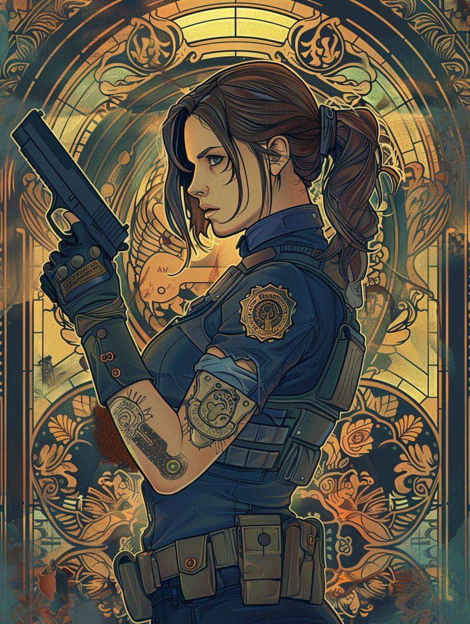 In the style of Alphonse Mucha's art nouveau poster illustration, an enigmatic Jill Valentine from Resident Evil, with a determined stance, wearing her S.T.A.R.S. uniform made of bravery and resilience, holding a handgun and surrounded by viral strain patterns. The illustration also features intricate stained glass details. The background has an ethereal glow and ornate patterns representing the biohazardous world she fights against.