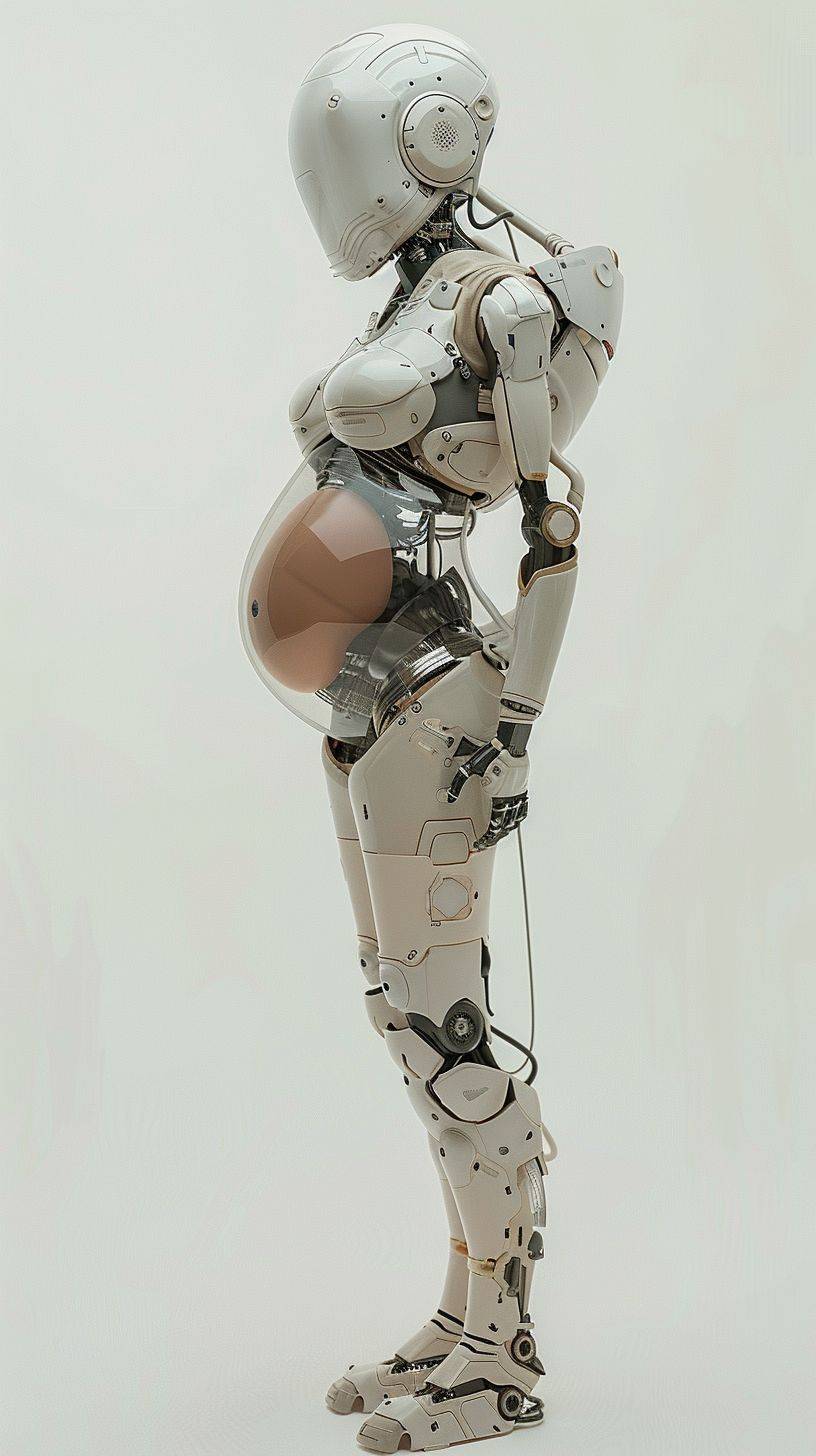 An albino female robot holding her transparent pregnant belly with a robot fetus inside in the style of David Uhl, with a white and beige color palette, in a full body shot.
