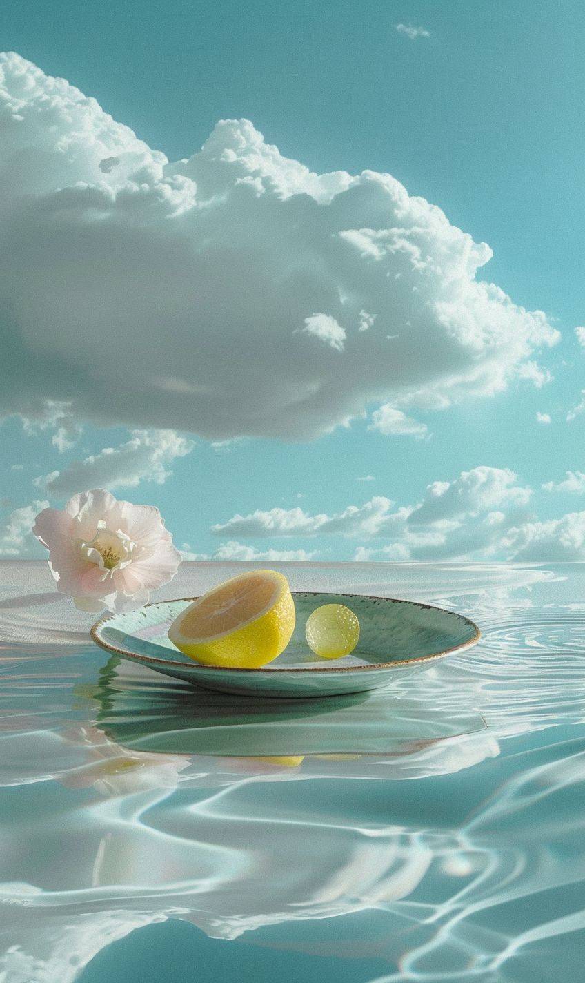 Product close-up shot, with a backdrop of blue sky and white clouds. A rectangular table forms a horizon composition. The tabletop exhibits water ripples and is adorned with a plate, half a lemon, and a flower, capturing the essence of wabi-sabi aesthetics.