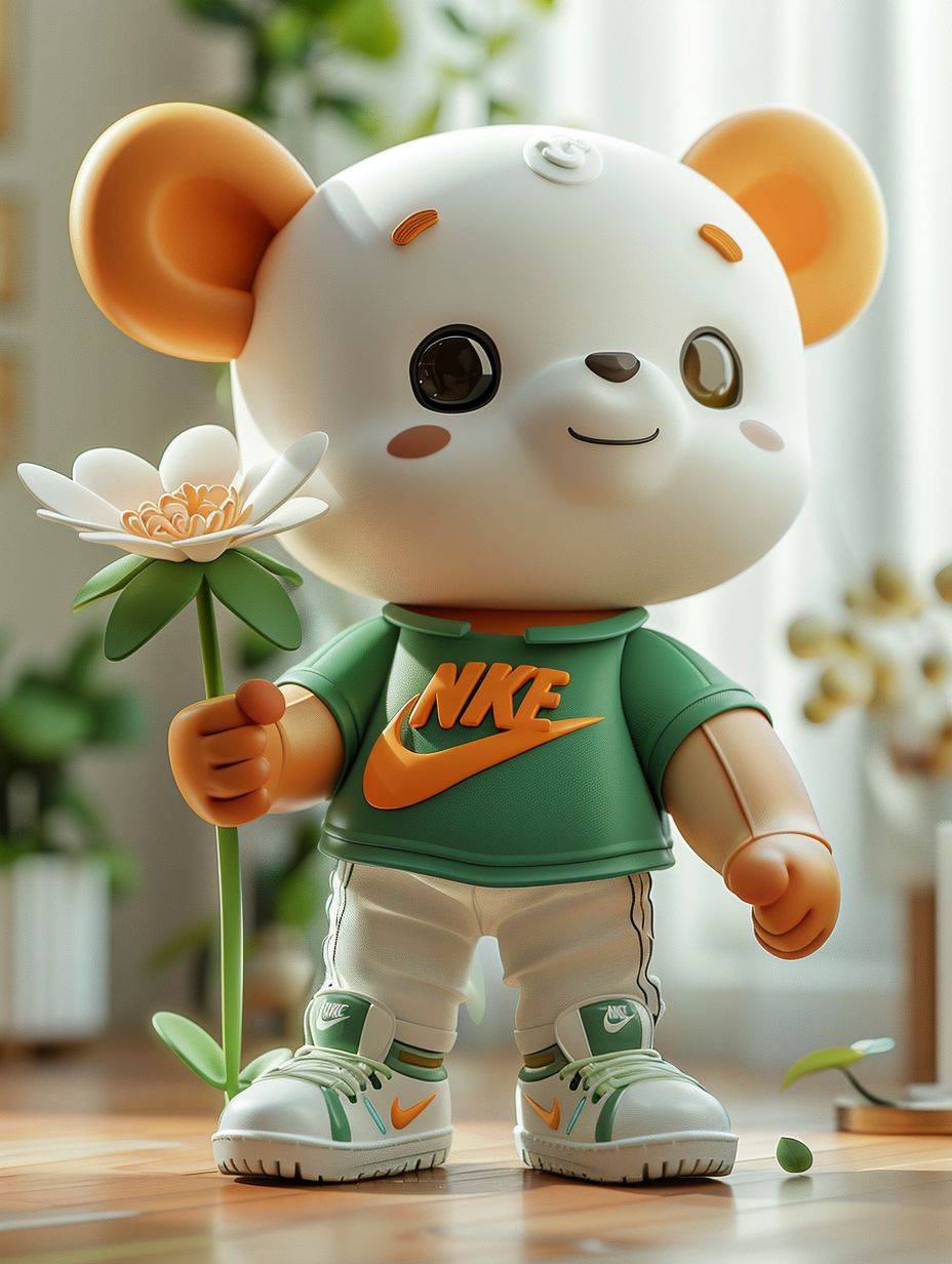 Blind box modeling, very simple octane 3D rendering, incarnation of a cute and happy Arctic bear character, joyfully holding a flower, dressed in green and white t-shirt, Nike shoes, stylish Pixar style design, smooth outline, monochrome with light orange as the main color, white background, soft lighting highlighting its characteristics, minimalist art.