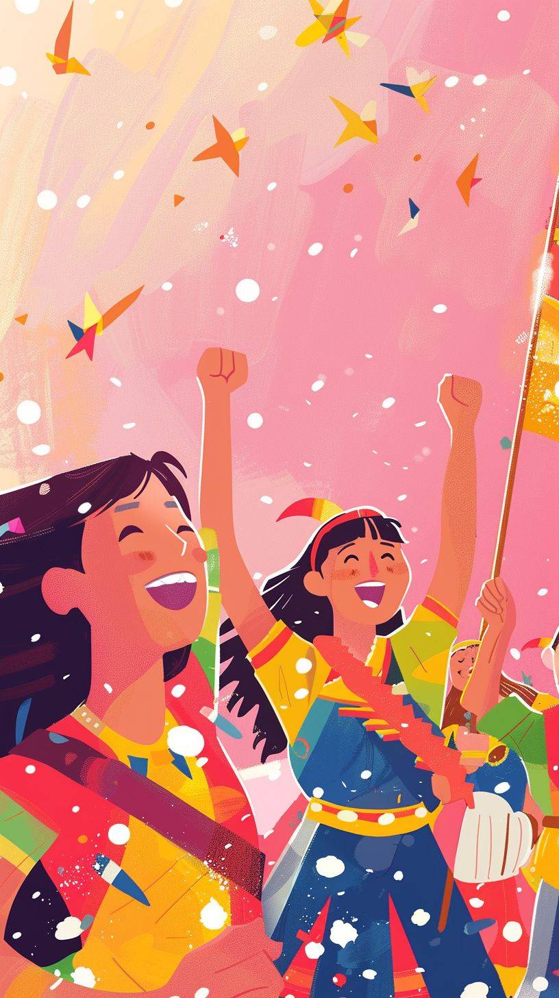 An illustration of a band performance, with an animated woman singing loudly. In front is another cartoon character, holding a flag and smiling. The background is a bright pink sky with small white dots resembling stars. This artwork features the imaginative style of Hermès, with vibrant colors and interesting elements that capture people's attention and create a joyful atmosphere