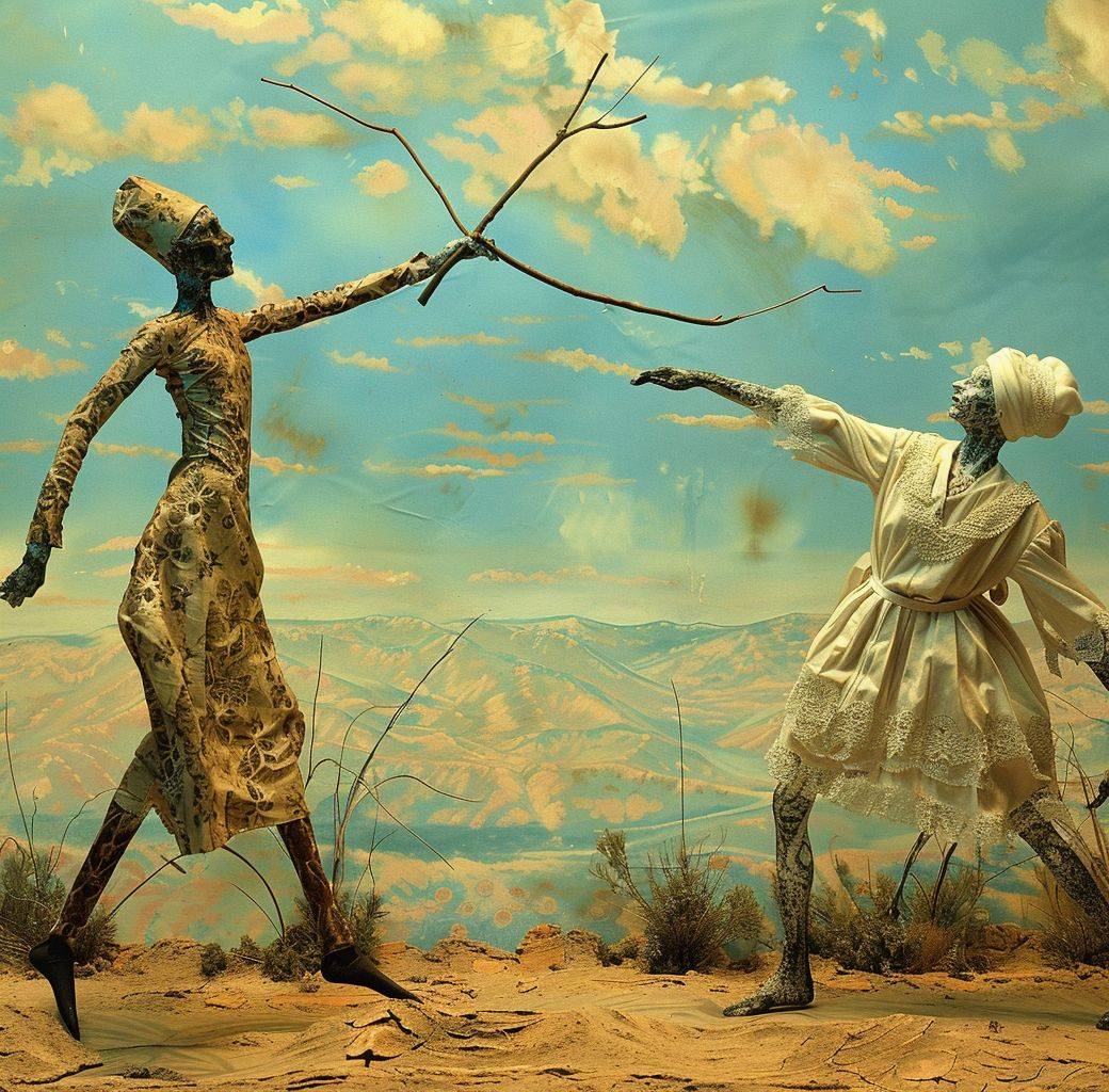 An image that shows two sticks and two people, in the style of surrealist imagery fusion, graceful figures, VHS, American tonalist, trompe-l'œil illusionistic detail, comical choreography, and desertwave.