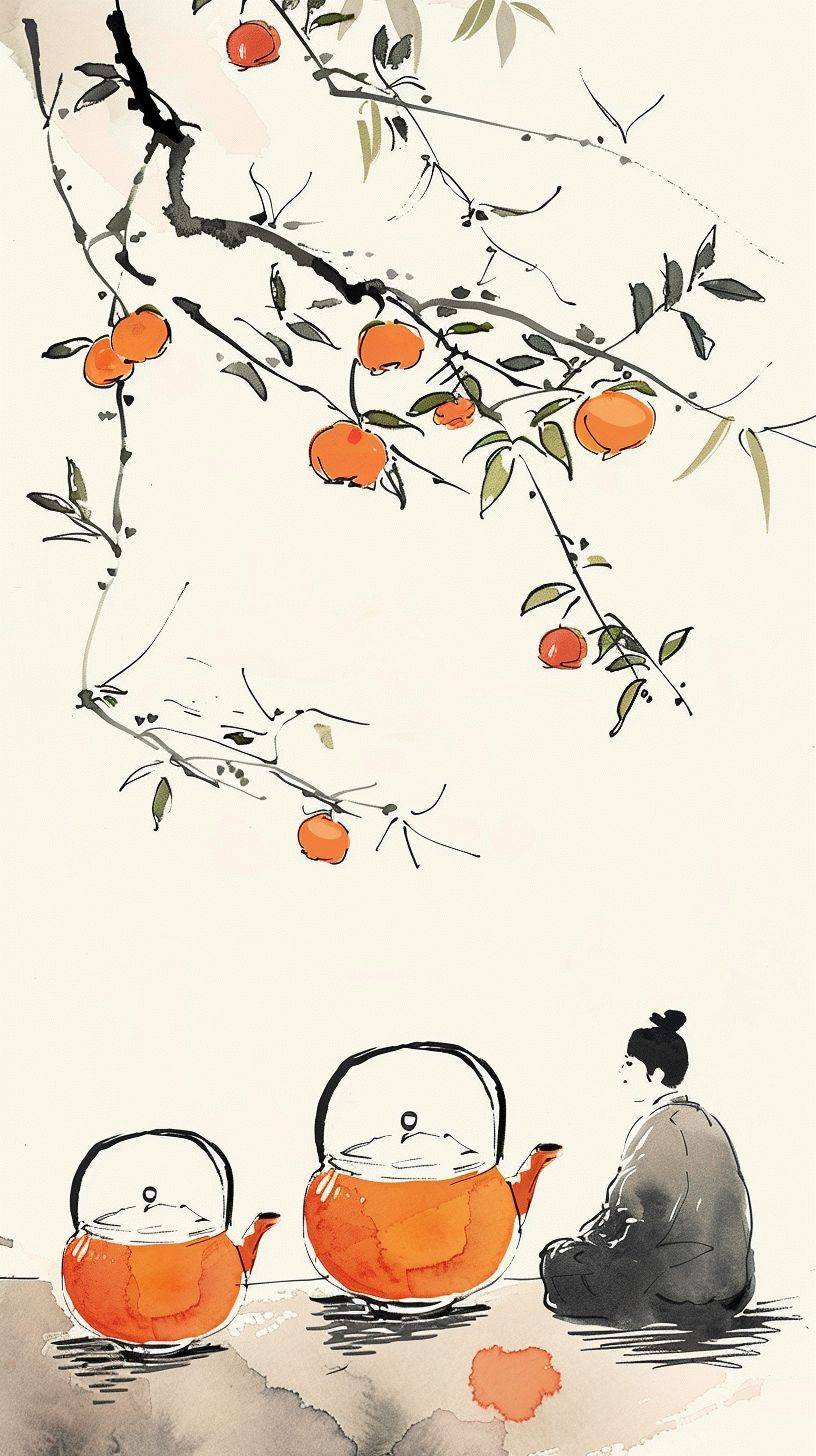 中国の茶碗ややかん、装飾的な容器、シンプルなスタイル、白い背景、田舎の生活を描いた、カートゥーン風の中国の墨絵、黒い線とオレンジの装飾