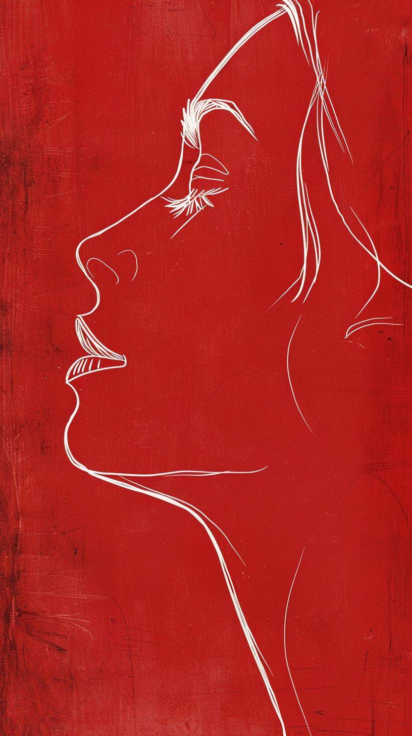 エレガントで美しい女性の顔の輪郭を、赤いキャンバスに洗練された白い線で描く