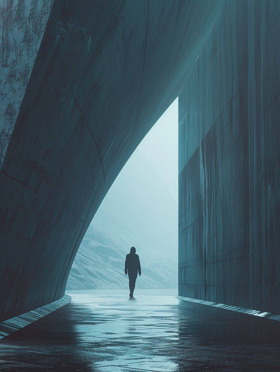 A person walks through an open space that looks like space, in the style of futurist elements, atmospheric landscape, dystopian atmospheres, trapped emotions depicted, silence, futuristic architecture, epic portraiture, in the style of Denis Villeneuve, raw style, aspect ratio 3:4, stylized at 250%