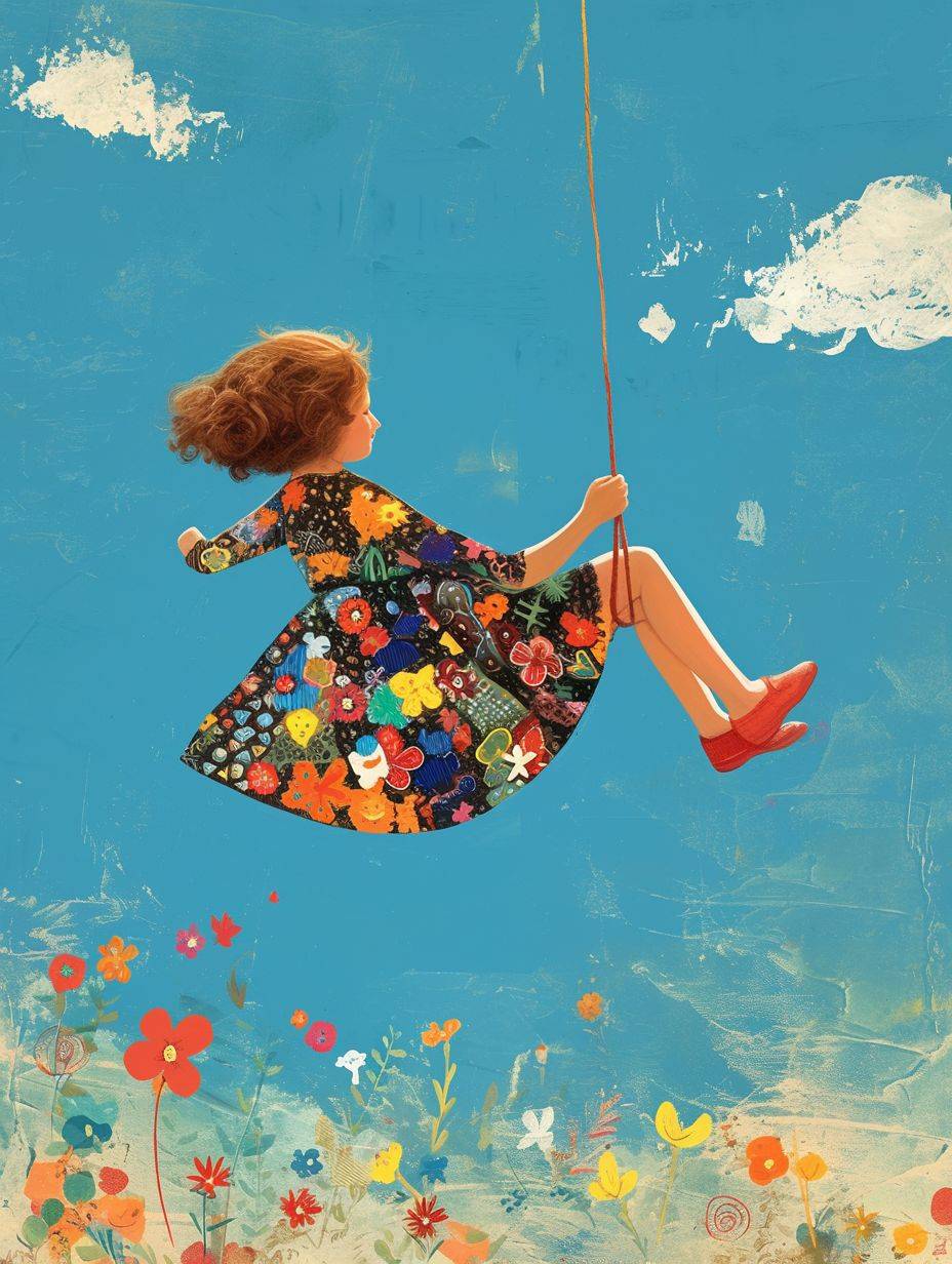 Cool cartoon girl swinging in the air, blue sky background, by Lucy Grossmith, mixed patterns, text and emoji installations