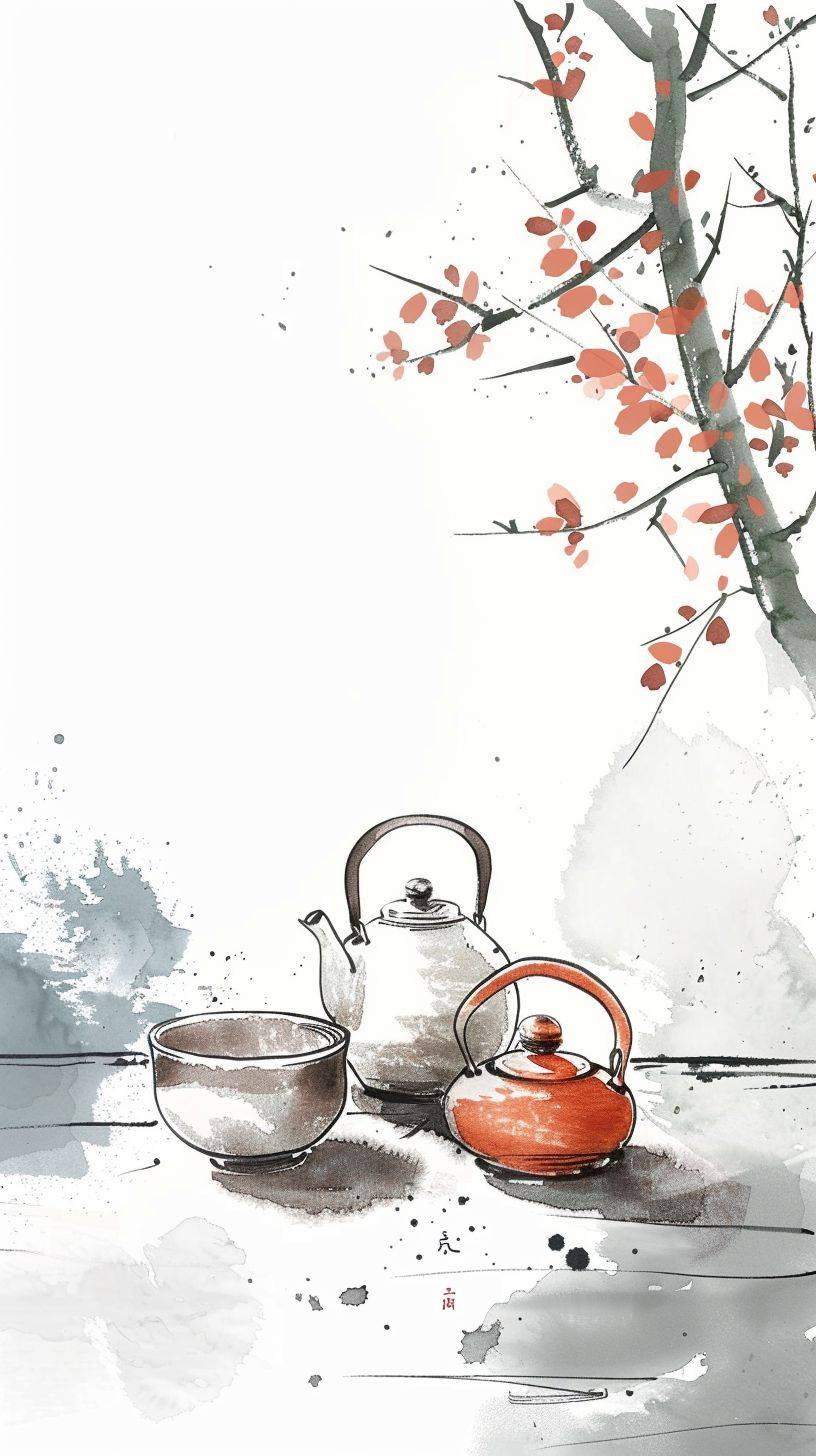 Chinese teacups and kettles, decorative containers, simple style, white background, depicting rural life, cartoonist style, Chinese ink painting, black lines and orange embellishment