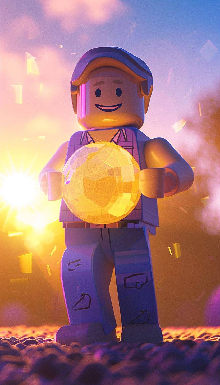 Roblox character holding a giant round sphere in his hands, in the style of surreal animation, pale yellow and purple, make it look friendly and playful