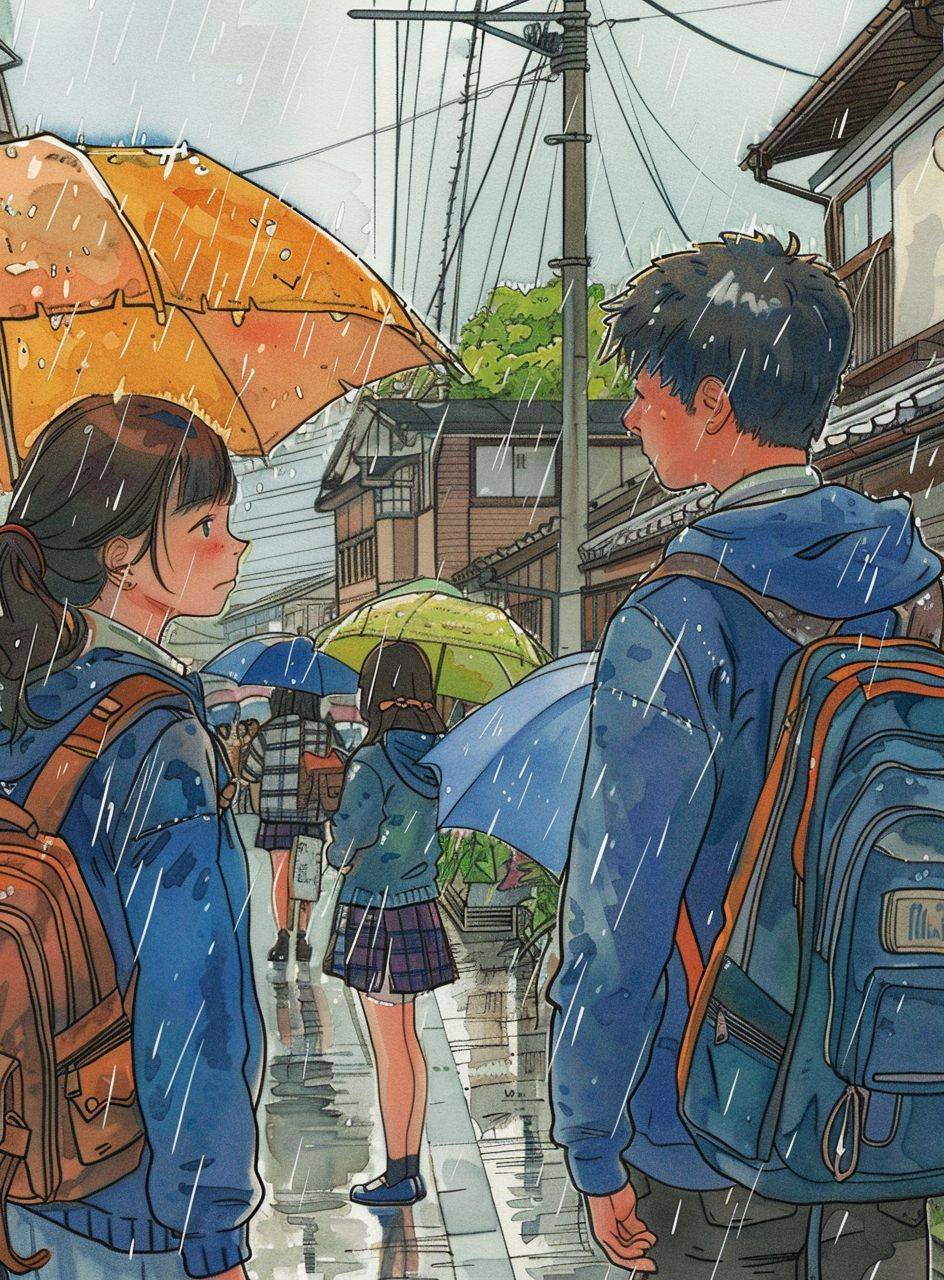 Japanese Color Comics, High School Students on a Rainy Day