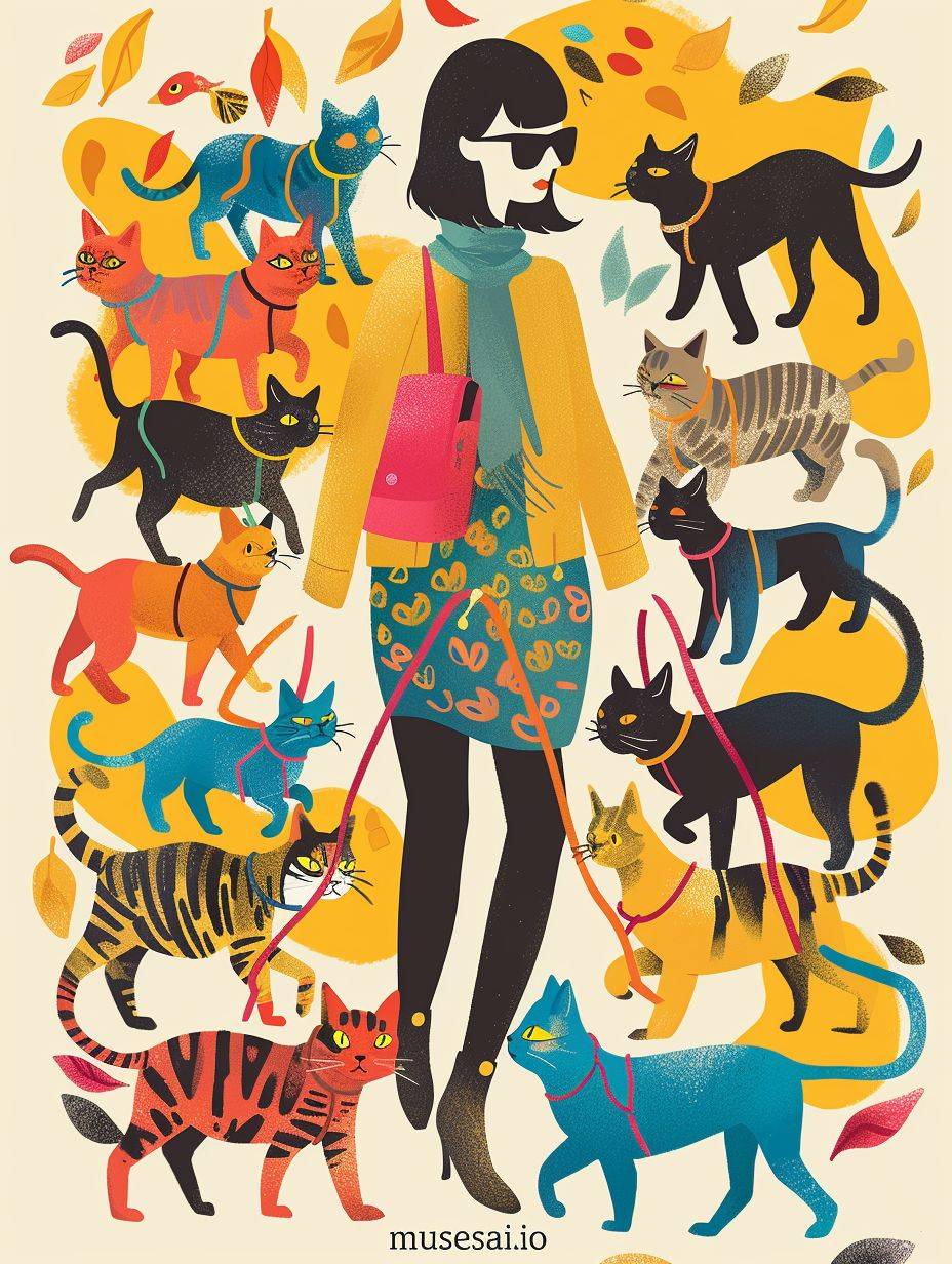 Whimsical hand drawn, colorful illustration of stylish woman walking multiple cats of various breeds and colors on leashes in front of her, theme 'musesai.io', fun and vibrant print for poster