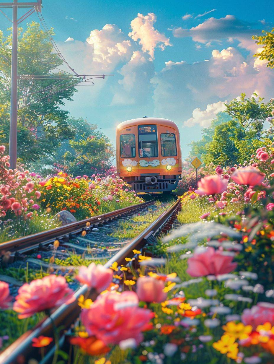 Metro on the tracks, surrounded by flowers, on top green grass, in the style of cute cartoonish designs, dreamlike visuals, soft sculptures, webcam, bright colors, bold shapes, coastal landscapes, capturing moments