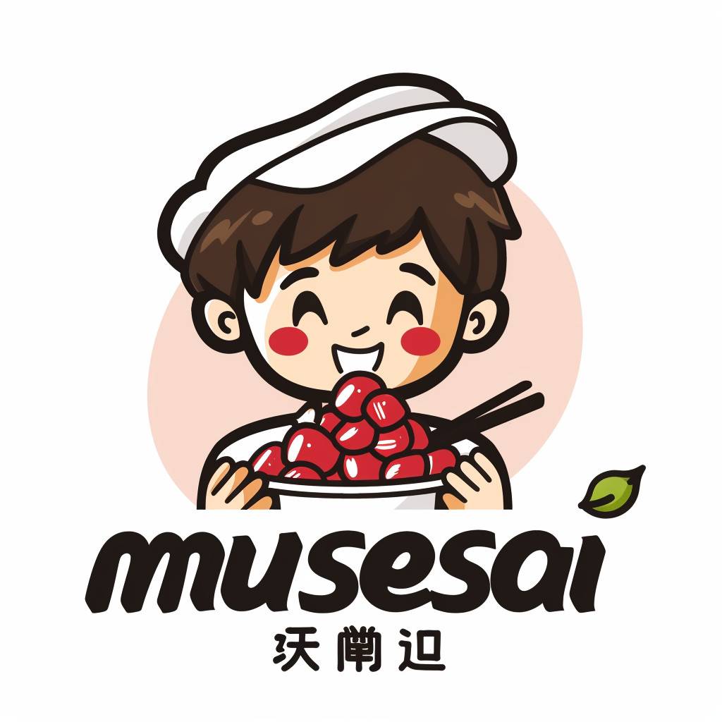 A cute cartoon style logo design for "musesai", featuring an Asian boy holding a bowl of red sweet and sour powder, with the brand name written in black text below it. The background is white, with simple lines and flat colors, creating a relaxed atmosphere. The design is in the style of a cartoon.