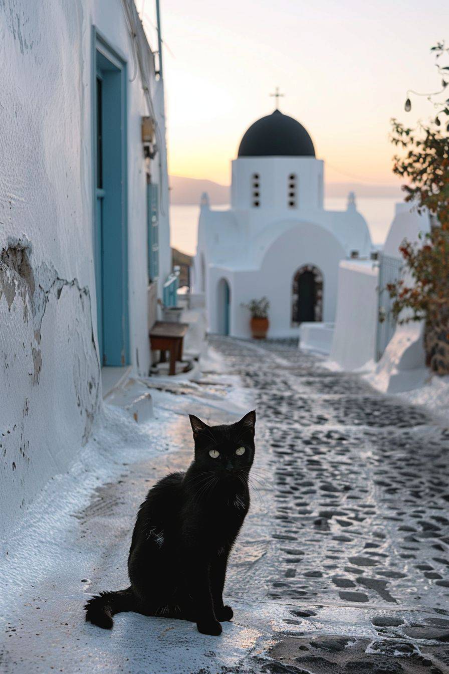 a black cat in front of a Santorini church. sea view. soft sunset light.