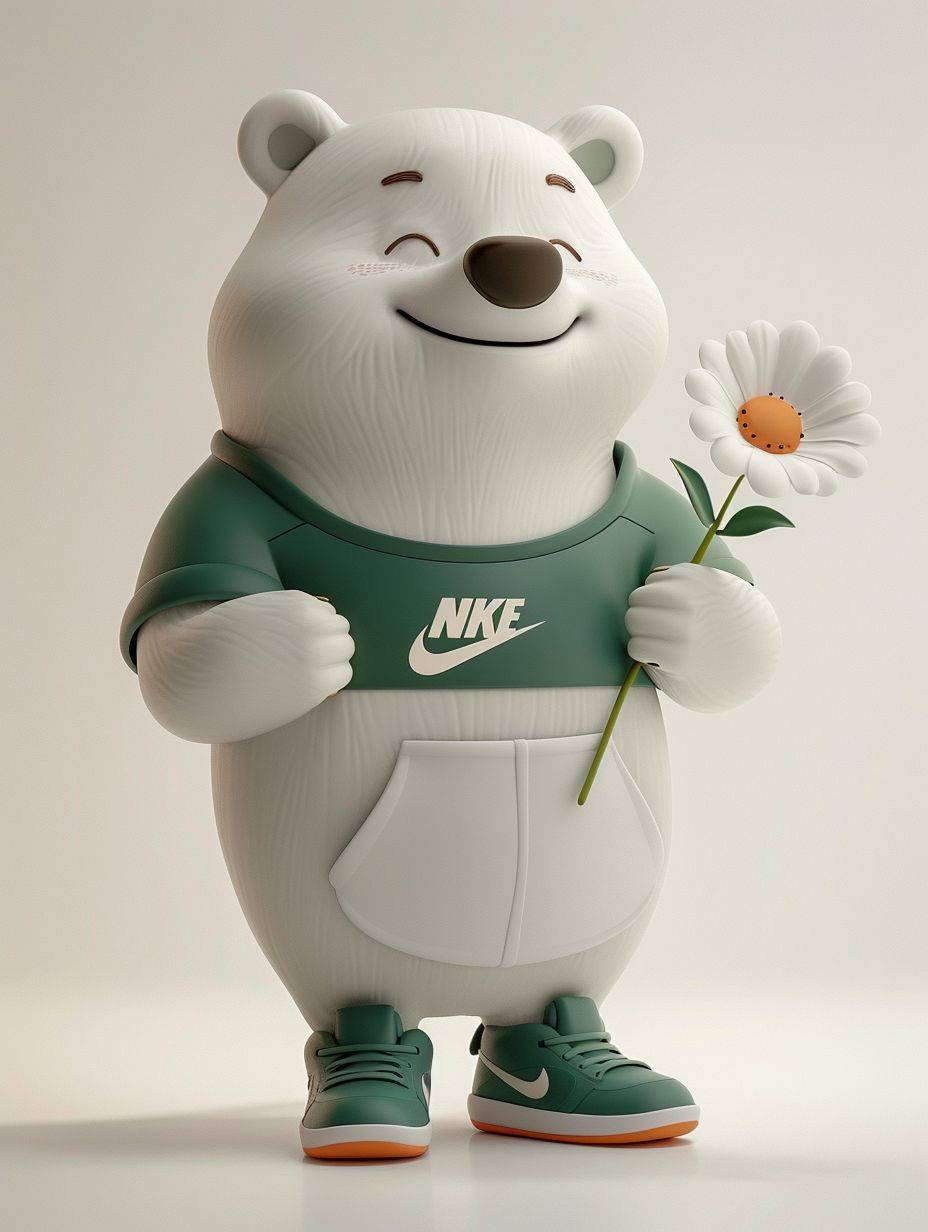 Blind box modeling, very simple octane 3D rendering, incarnation of a cute and happy Arctic bear character, joyfully holding a flower, dressed in green and white t-shirt, Nike shoes, stylish Pixar style design, smooth outline, monochrome with light orange as the main color, white background, soft lighting highlighting its characteristics, minimalist art.