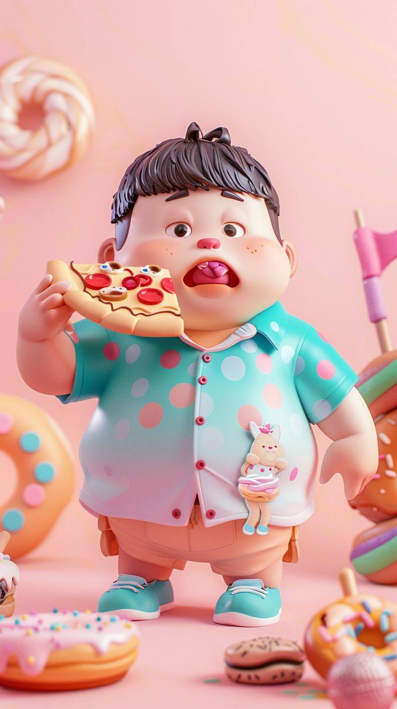 Chibi, fat kid eating pizza, he is chubby and cute, he has bowl cut hair style, he is wearing beautiful gradient color shirt and slipper, candies and donuts around, he is happy and looks enjoyed, Morandi color scheme, playful color scheme, gradient color, colorful background, 3D rendering, soft sculpture