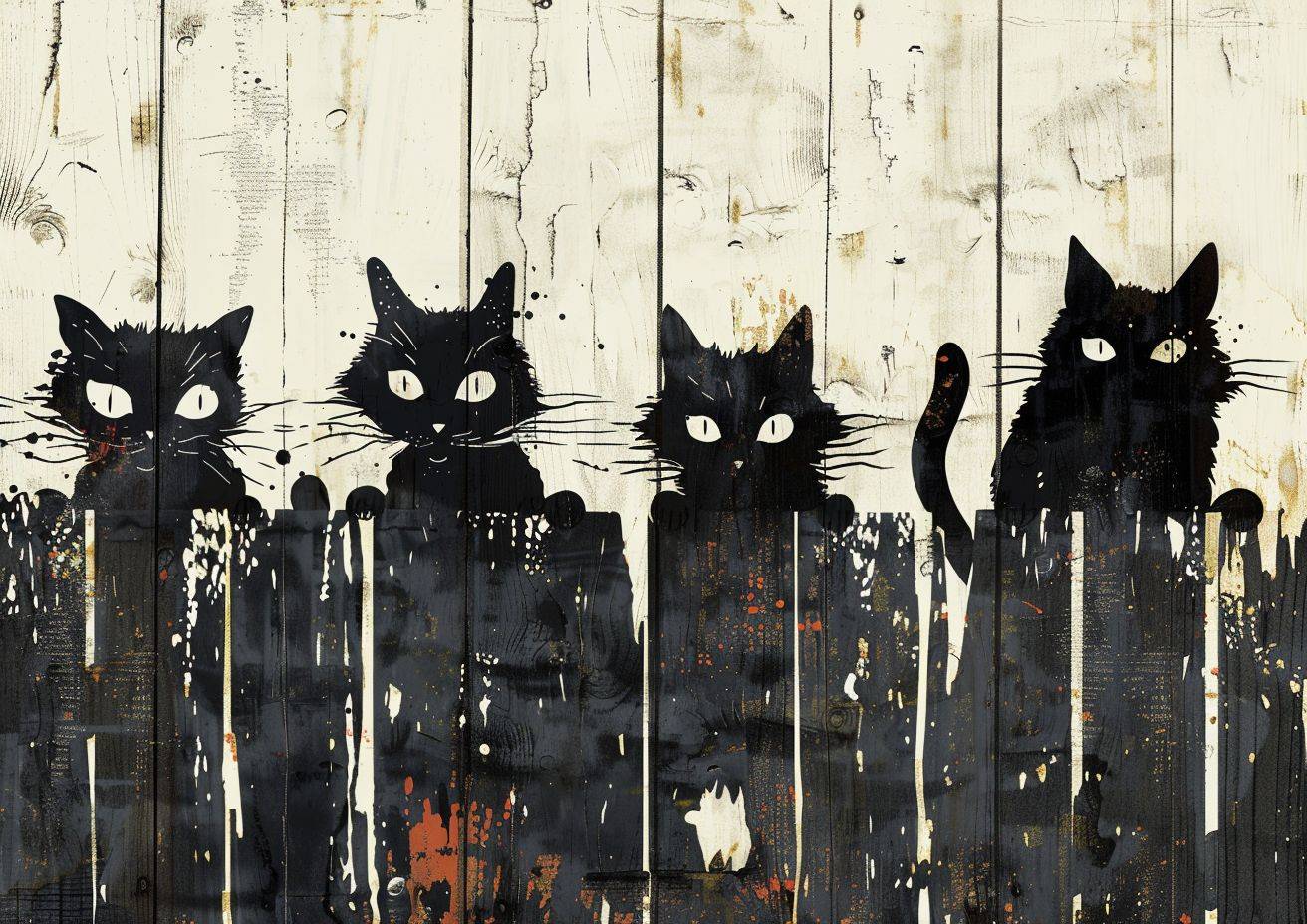 Simplified cartoon image, children's painting of cats on a wooden fence, white paint, wood texture, negative space, datamoshing glitch effect