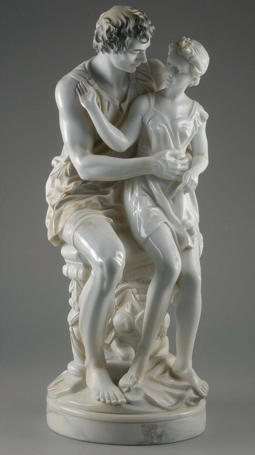 Imagine an exquisite white marble sculpture depicting a tender and affectionate scene. In this portrayal, a male figure is seated, and atop his knee, a female figure is gracefully positioned. Both figures share a gentle and heartfelt gaze, exchanging warm smiles that radiate affection. The male figure gazes up at the female figure with a look of admiration and adoration, creating a dynamic that enhances the sense of connection and intimacy. The craftsmanship of the pure white marble accentuates the beauty of the moment, capturing the timeless essence of love and mutual admiration.