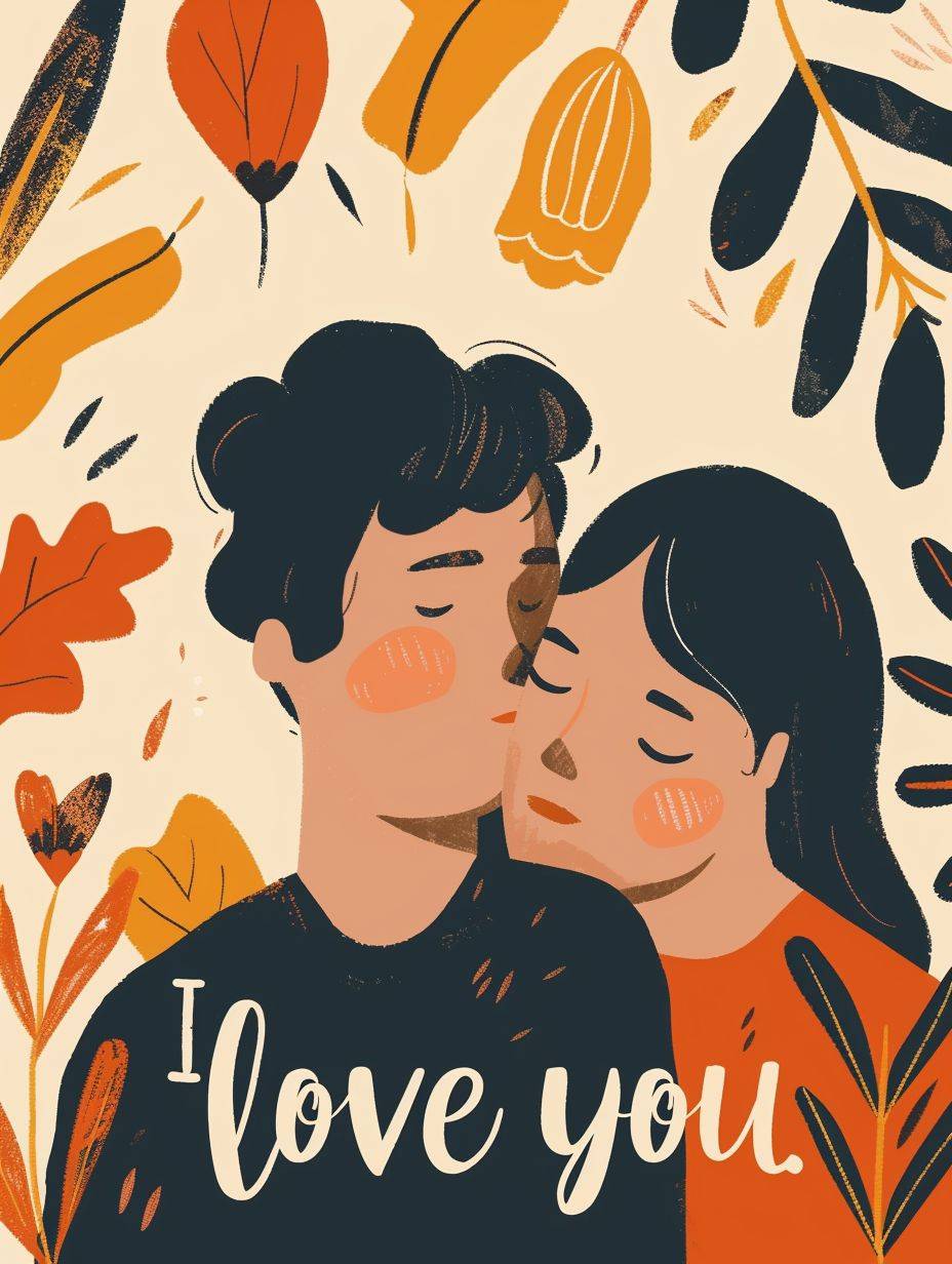 アンリ・マティスのスタイルで描いた「I love you.」のイラスト、シンプルなフラットベクターデザインで、影やグラデーションはなく、テキストもありません。