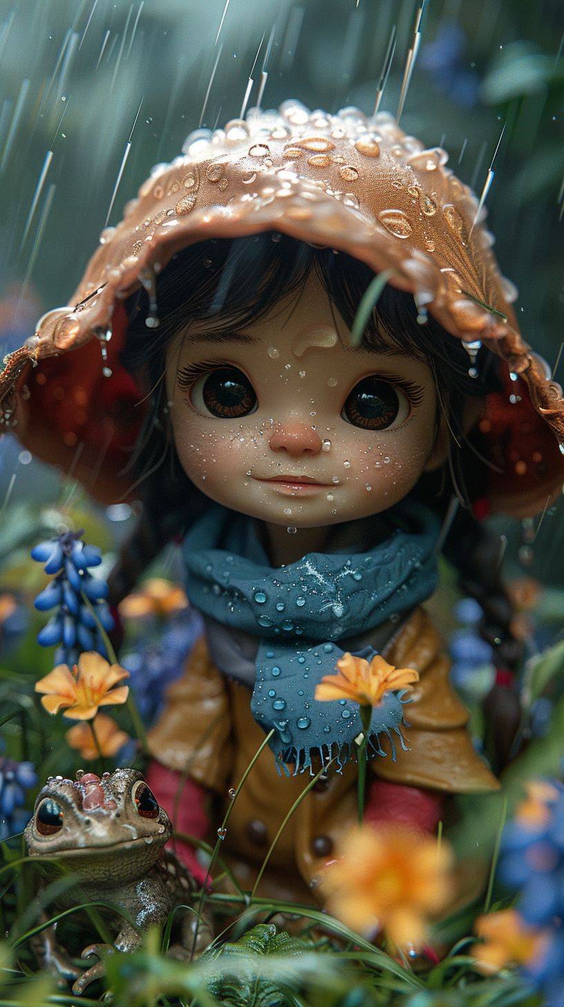 Whimsical adorable character design 3D Octane render, wide shot, chibi extremely cute little flower fairy hides behind flower in the rain, scared of toad, beautiful scenery, wisteria flowers, spring time, red rain boots, big eyes, award winning, hypermaximalist, Octane render, cinematic lighting, detailed