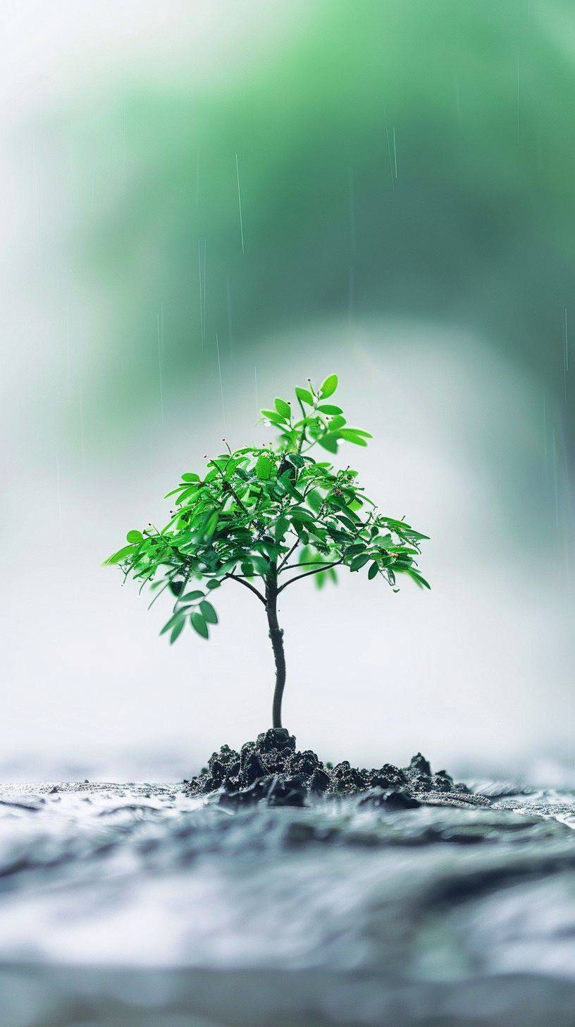 One green tree bud, vitality, real scene, minimalism, high speed photography, slow movement, blur background, clean white background, lots of white space, long shot, ultra-wide angle, natural light, soil, rain, Eastern Zen, masterpiece, high quality, scenery, Chinese architecture