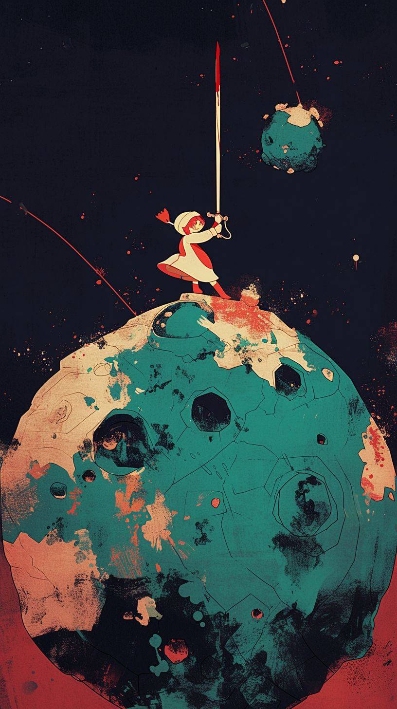 The little prince with a sword stands on top of an asteroid, in the style of traditional animation, neogeo, childhood arcades, schizowave, cranberrycore, light teal and red --ar 16:9 --style raw --niji 6