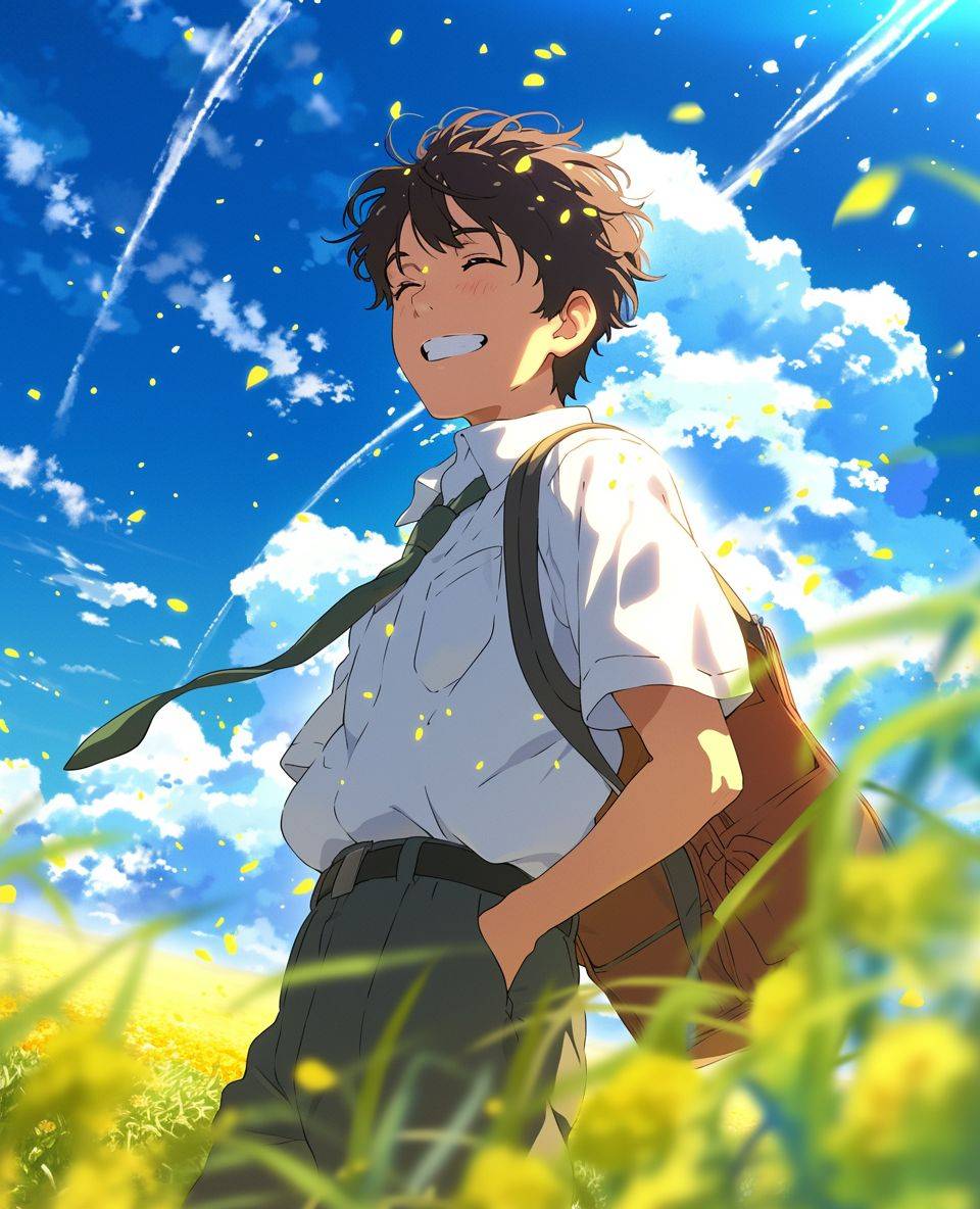 黒髪のかわいい男の子が、白い半袖シャツを着て、肩にバッグをかけ、緑の草地に立って幸せそうに微笑んでいます。青い空に雲が浮かび、アニメを思わせるスタイルが演出されています。彼の前には黄色い菜の花が咲いています。このシーンは暖かい日差しを放ち、新海誠のようなスタイルです。