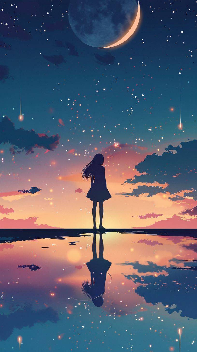 The silhouette of an anime girl standing on the edge, with shooting stars and the moon in the sky, reflection on the water below, and a simple colorful background.