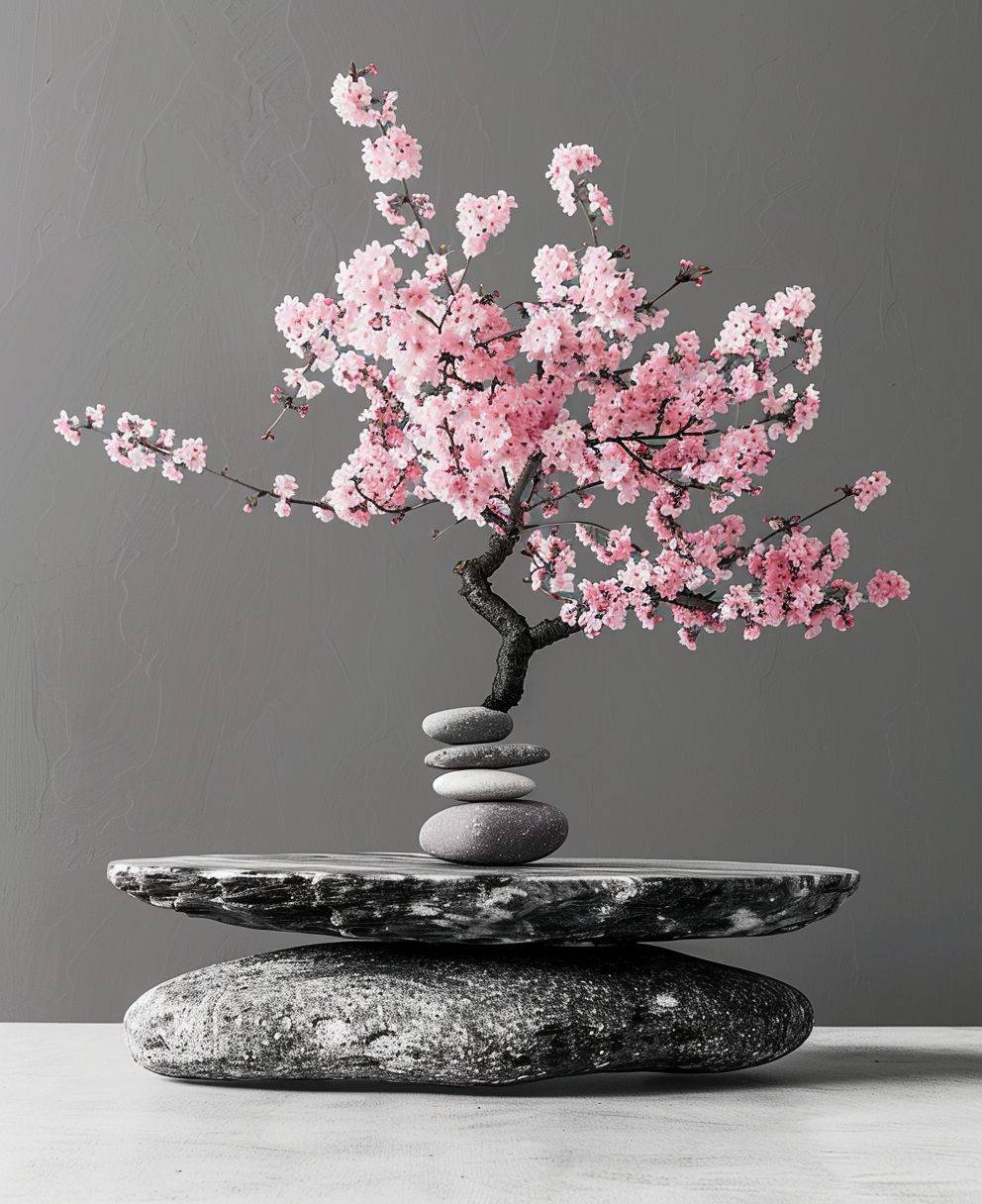Hyper realistic photography, black and white photography, stones balancing in a symmetrical way, with a pink cherry tree bonsai.