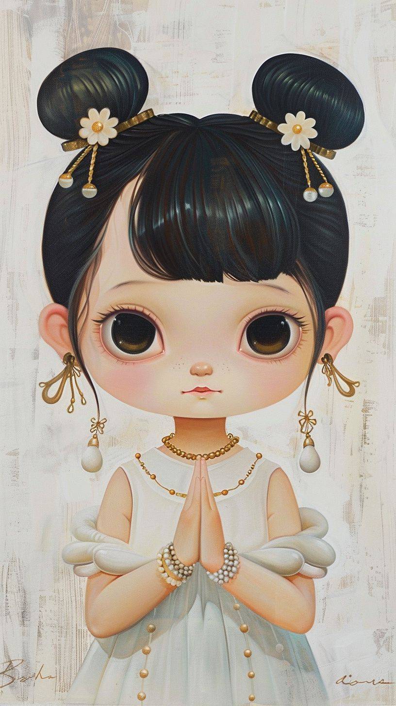 Gongbi painting depicting a 5-year-old black-haired Chinese girl from the Tang Dynasty practicing yoga. She is wearing a white dress and adorned with gold jewelry. With a round face and a minimalist portrait with geometric shapes, the artwork features a white background and a fresh new pop art illustration style. The character is portrayed in a cartoonish manner, with a close-up view of the head, bold lines, and a cartoon print.