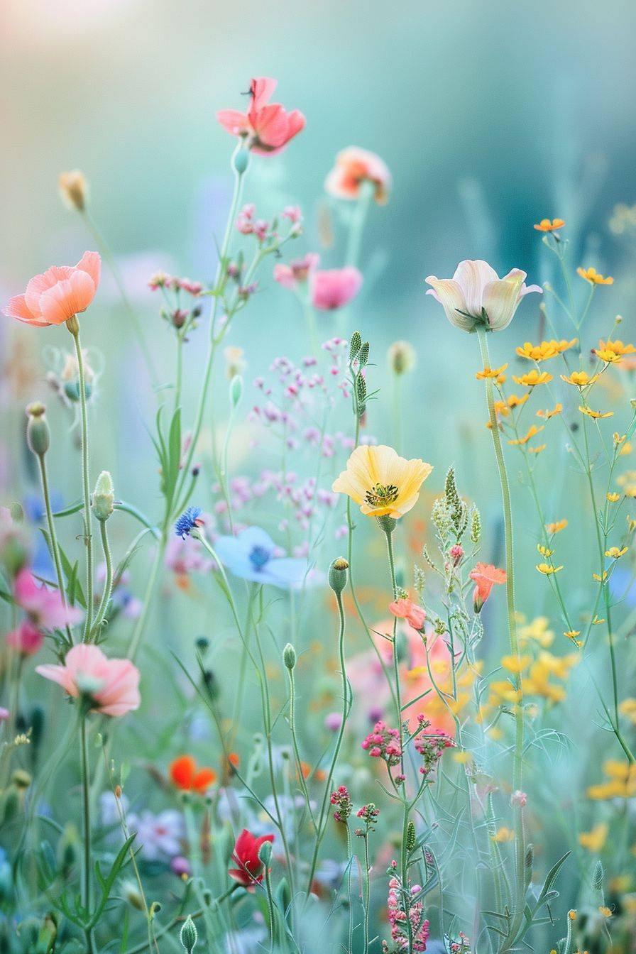 Soft light of dawn in summer, colorful flowers are blooming in the meadow, pastel dreamscapes, 32k UHD, Pentax 645n, layered composition, macro photography --no human --ar 2:3