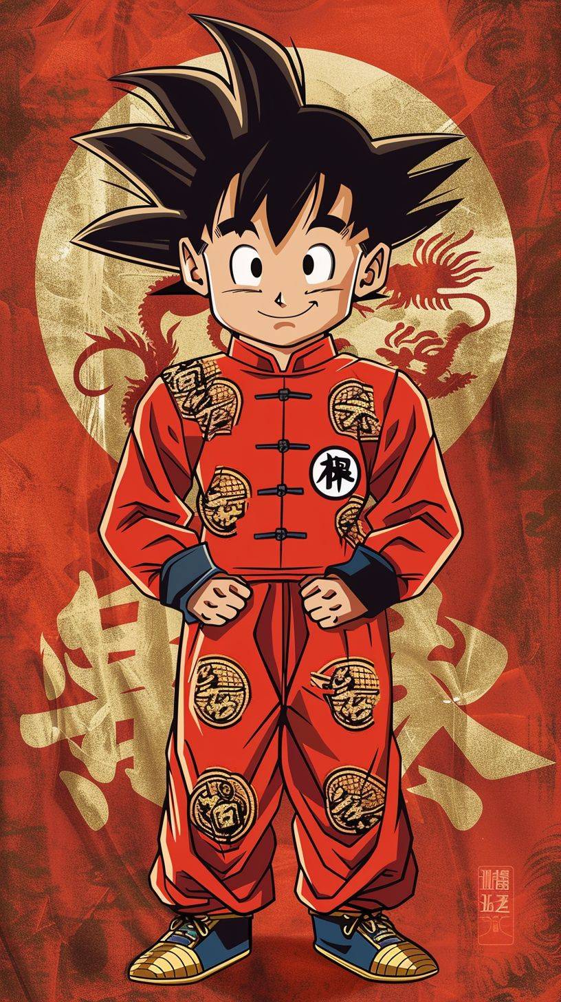 Kid Goku wearing Chinese red Tang suit, t-shirt design
