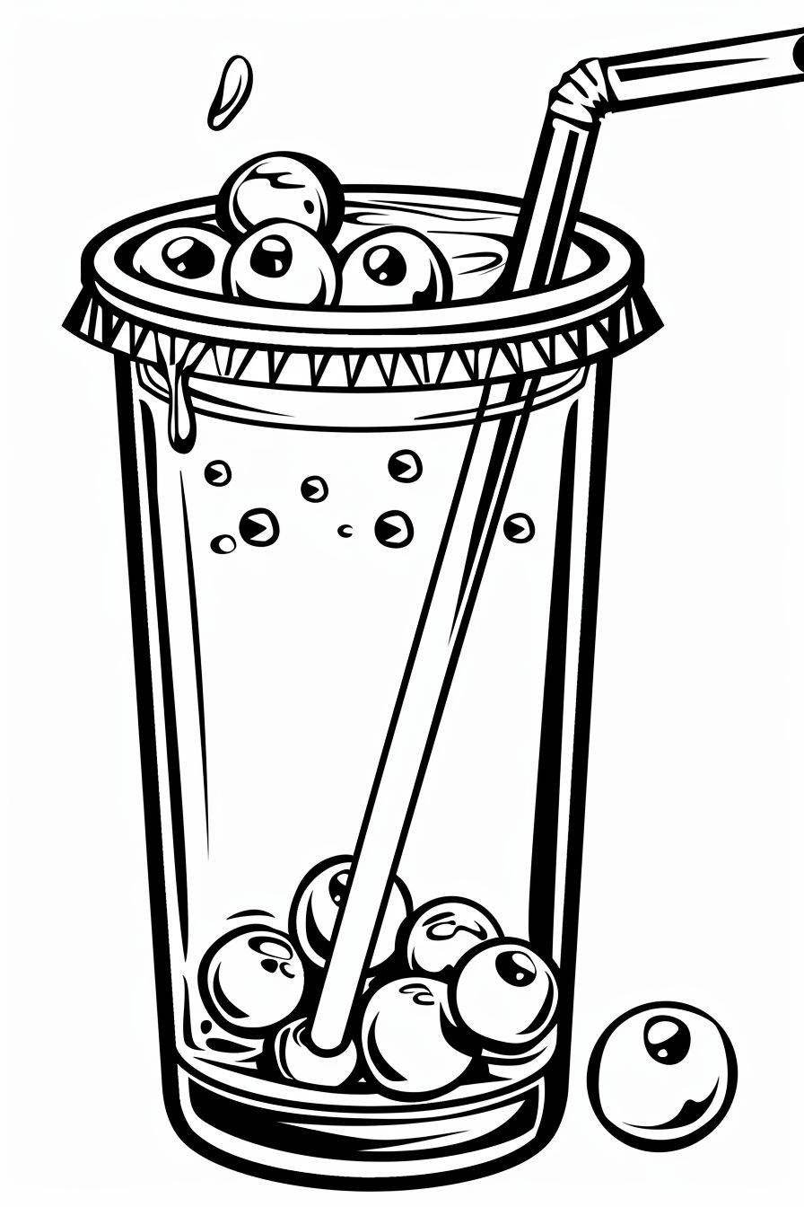 Boba tea, coloring book for kids, simple designs, no detail, outline only, do not fill anything with color, no background, fill frame, edge to edge, clipart with white background, only black and white --style raw --ar 2:3