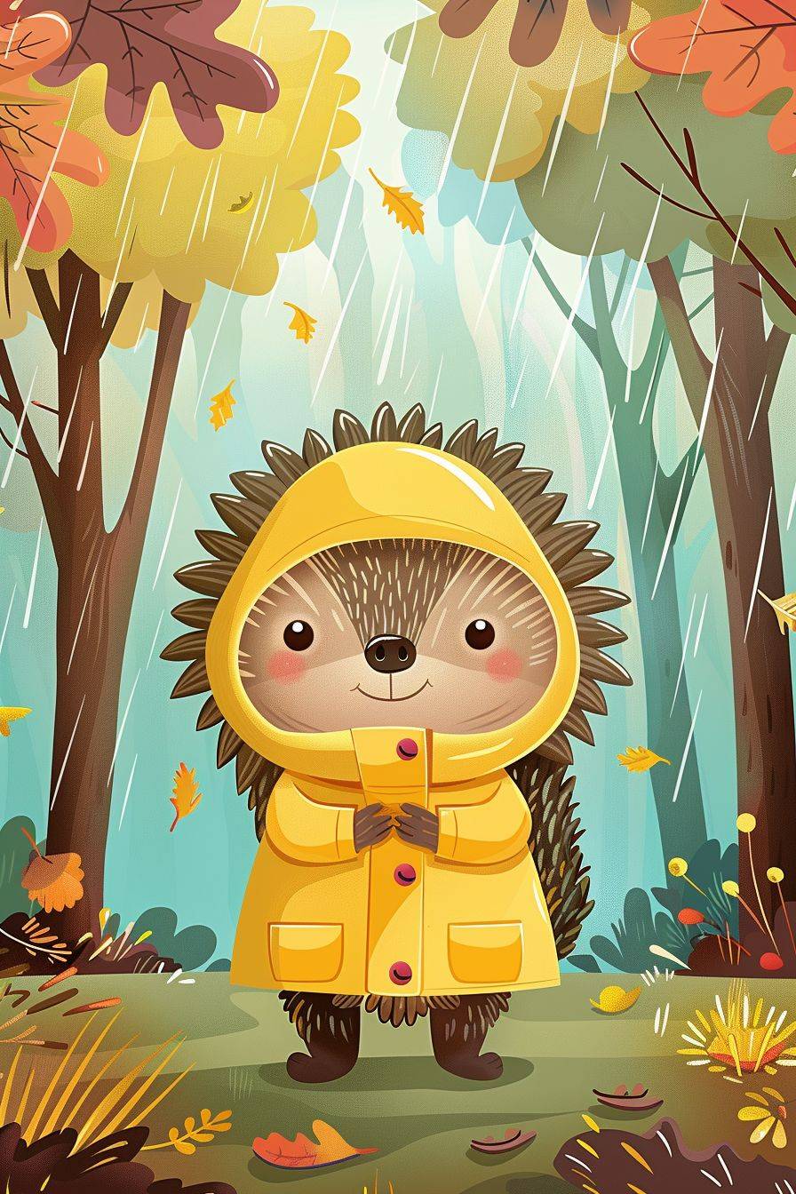 Simple vector art, children, cover happy hedgehog in yellow raincoat, children's book illustration, simple illustration