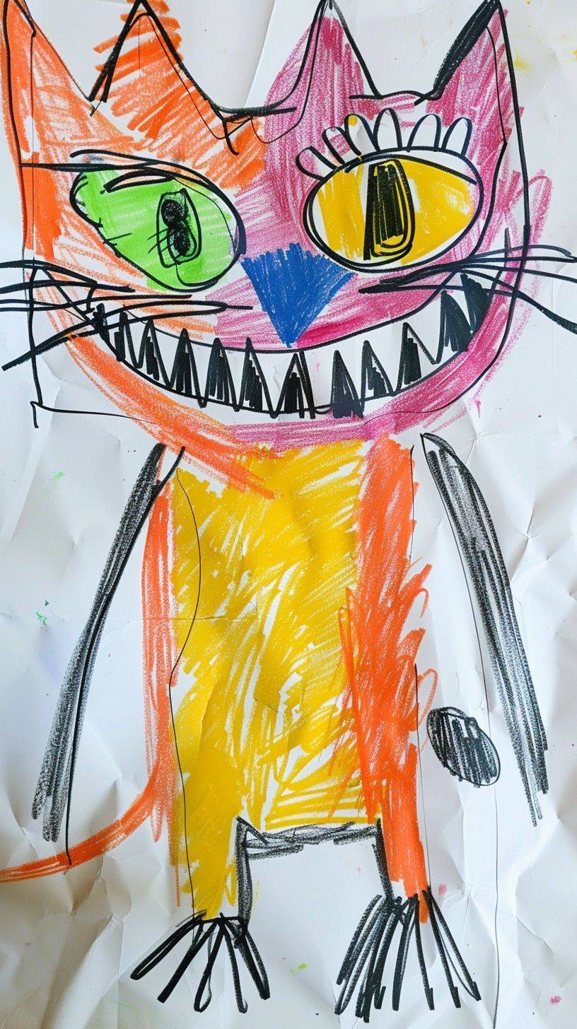 A 4-year-old's basic scribbly outline of a colourful, crude, juvenile crayon drawing of a cat on plain white paper. A happy, smiling monster with yellow and green eyes and sharp teeth, wearing a gold costume with black stripes in the style of minimalistic lines, a full body portrait on the wall.