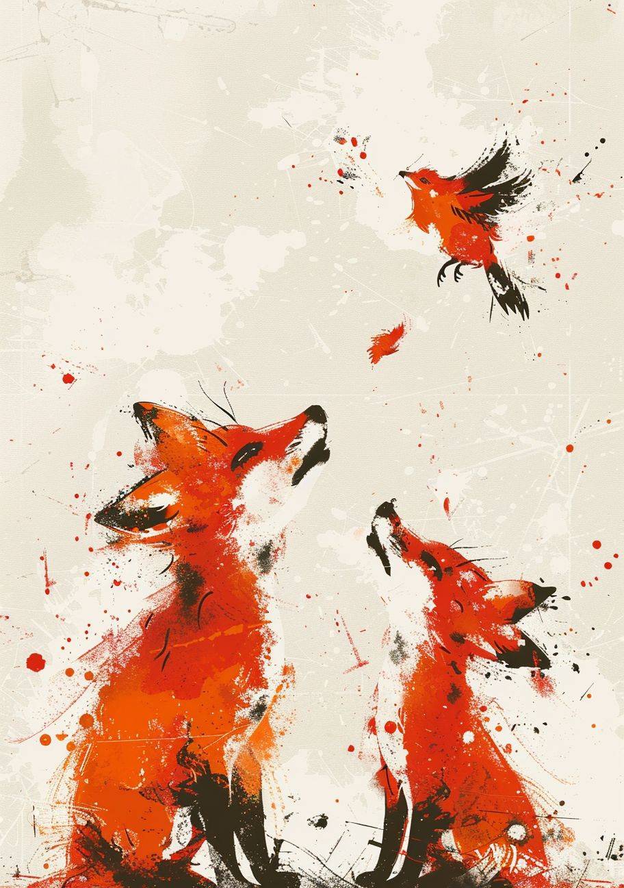 ミニマリストスタイルで描かれた2つの異なるサイズの赤いキツネ、頭の上には鳥がしゃがんでいて、喜んで跳ねています。白い背景、超細部、モリケイとイラスト。