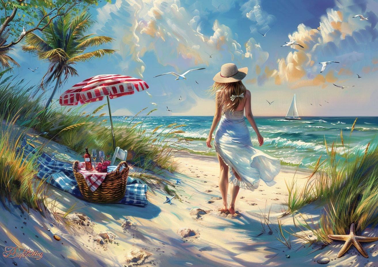 The main subject is an adult female, walking towards the shore, leaving footprints in the sand. She is dressed in a light summer dress, barefoot, with her hair caught in the breeze. She wears a sun hat, and is holding a book in one hand. Around her, seagulls fly overhead, with palm trees and dune grass dotting the shoreline. In the foreground, a red and white striped beach umbrella anchors firmly in the sand, providing shade next to a blue and white checkered blanket laid out with a picnic basket, plates, and a wine bottle visible. Nearby, a starfish lies in the sand. The background is dominated by the setting sun casting golden hues over the ocean, with a distant sailboat visible on the horizon. 👣 The composition is from a third-person view, slightly elevated, focusing on the woman walking and the trail of footprints she leaves behind. The lighting is soft and warm, emphasizing the golden hour and casting everything in warm tones of gold, blue, and green, with a focus on the textures of sand, water, and sky. The image is intended for high resolution fine art print, with a keen emphasis on the impressionist style's focus on light and color.