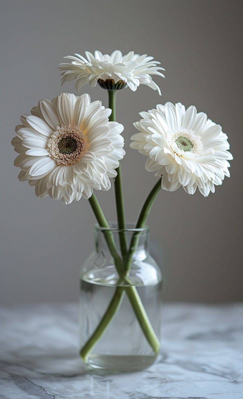A photo of white daisies in a glass vase, in a minimalistic style, with a clean background, taken in the style of Canon EOS, using natural light and vibrant colors, with sharp focus on the subject, with professional color grading.