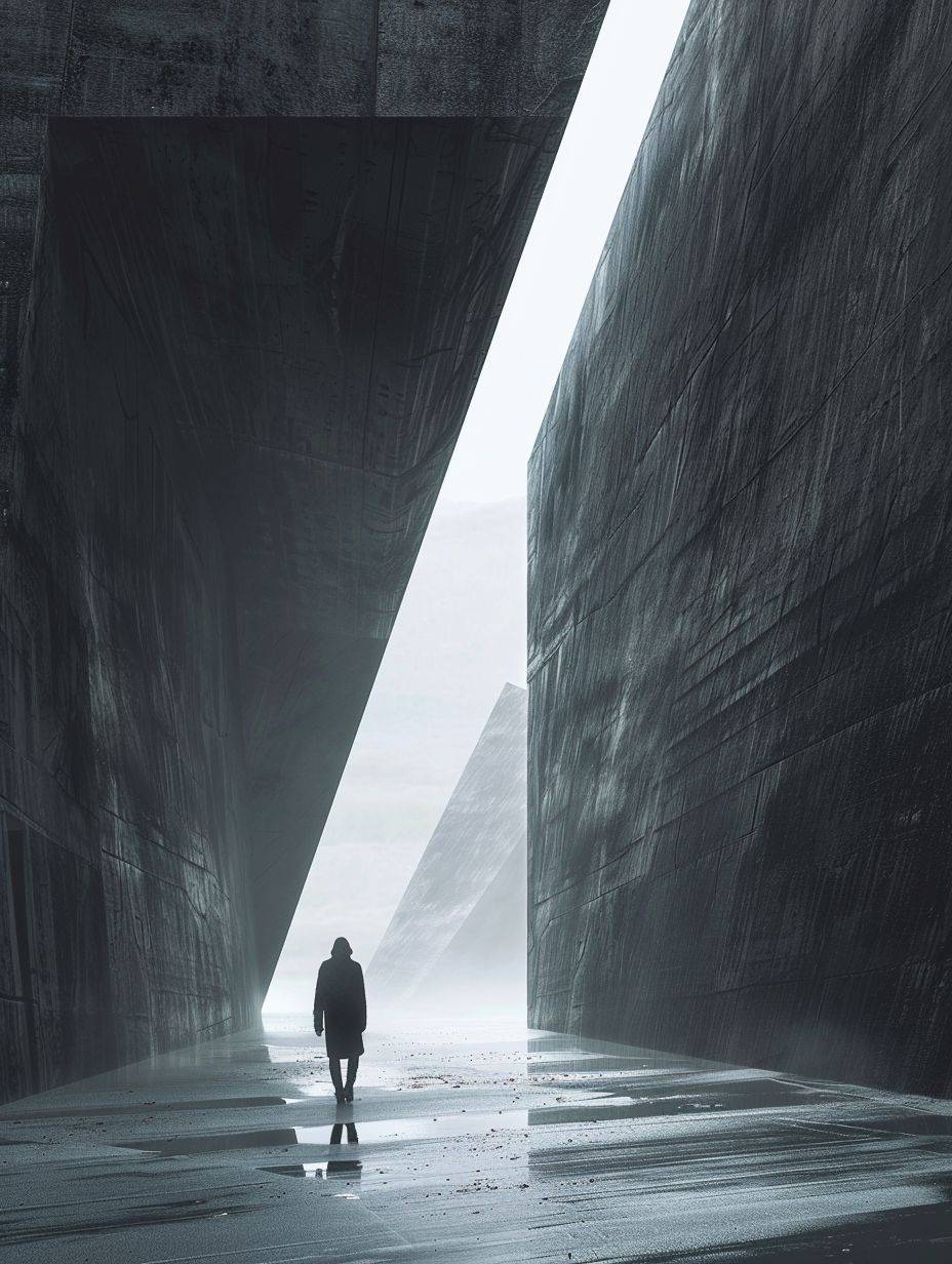 A person walks through an open space that looks like space, in the style of futurist elements, atmospheric landscape, dystopian atmospheres, trapped emotions depicted, silence, futuristic architecture, epic portraiture, in the style of Denis Villeneuve, raw style, aspect ratio 3:4, stylized at 250%