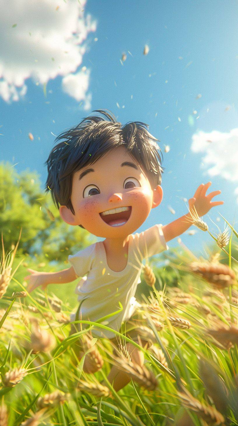 カートゥーン3Dシーン、正面ビュー、クローズアップ、アジアの男の子が喜んで緑の小麦畑を走る、夏のシーン、緑と青、明るいカラースキーム、3Dレンダリング、Blender