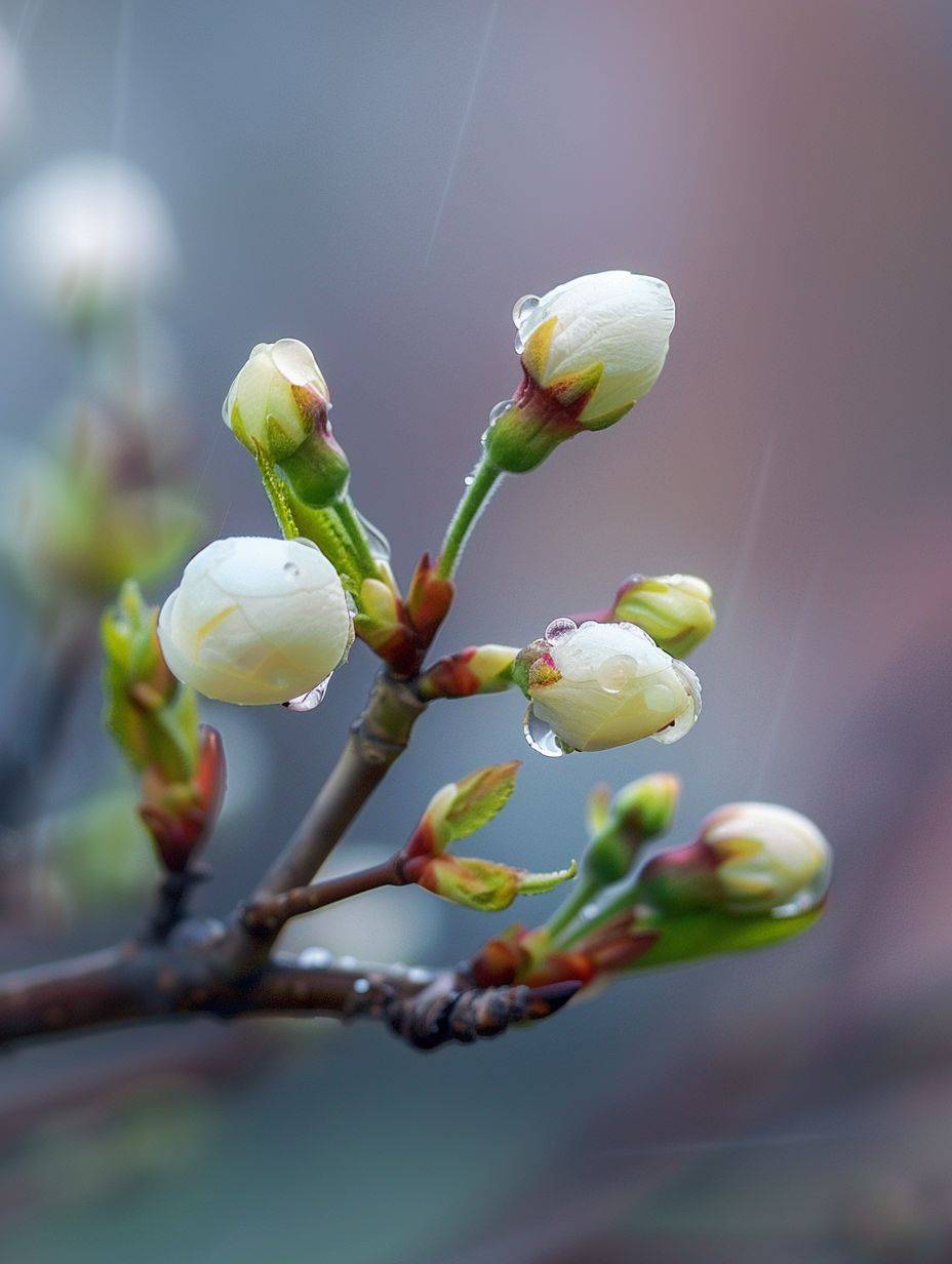 As spring arrives during the Rain Water solar term, the buds on tree branches slowly unfurl into beautiful blossoms, captured in high definition with a Canon camera to accentuate their delicate details.