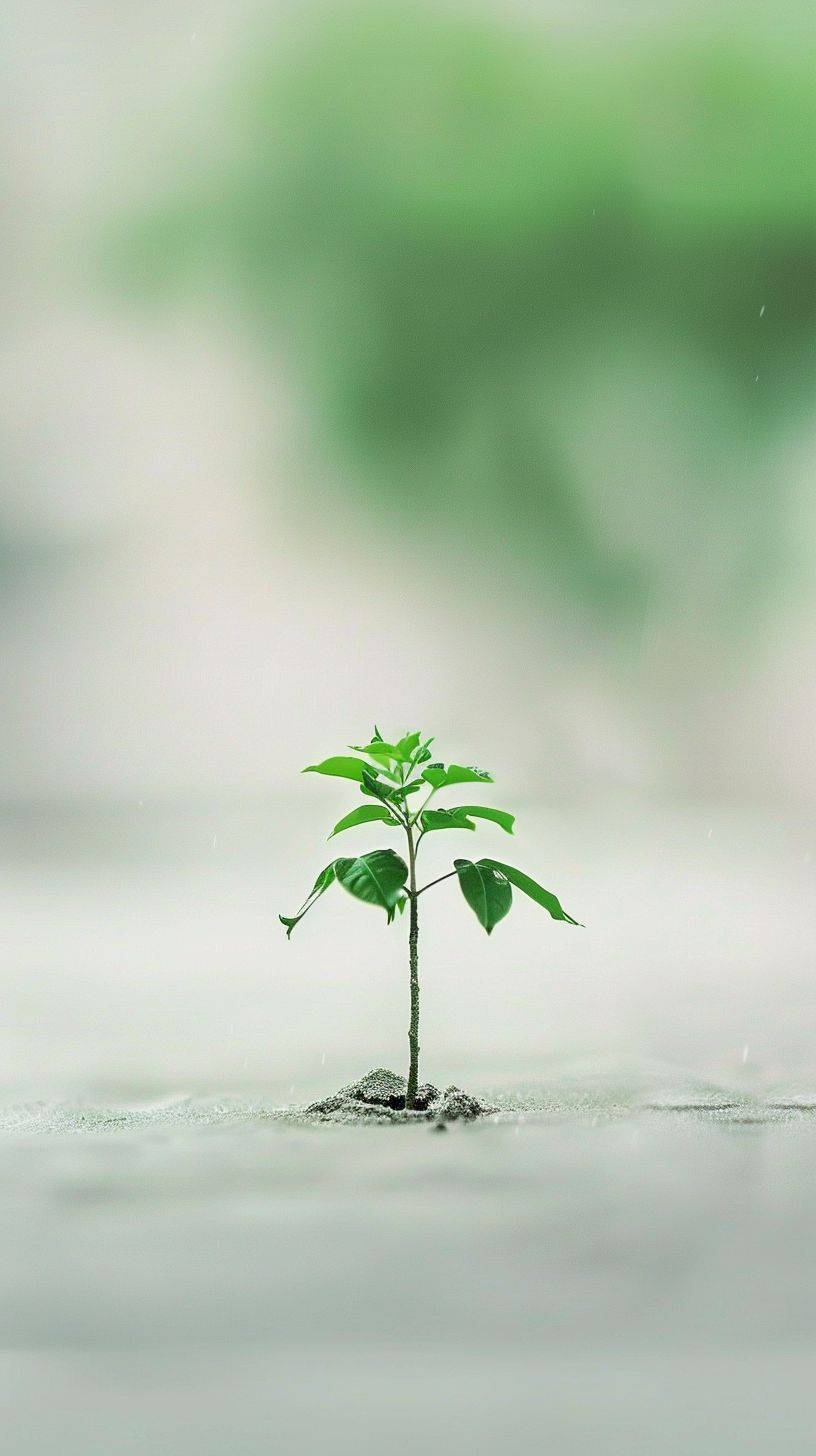 One green tree bud, vitality, real scene, minimalism, high speed photography, slow movement, blur background, clean white background, lots of white space, long shot, ultra-wide angle, natural light, soil, rain, Eastern Zen, masterpiece, high quality, scenery, Chinese architecture