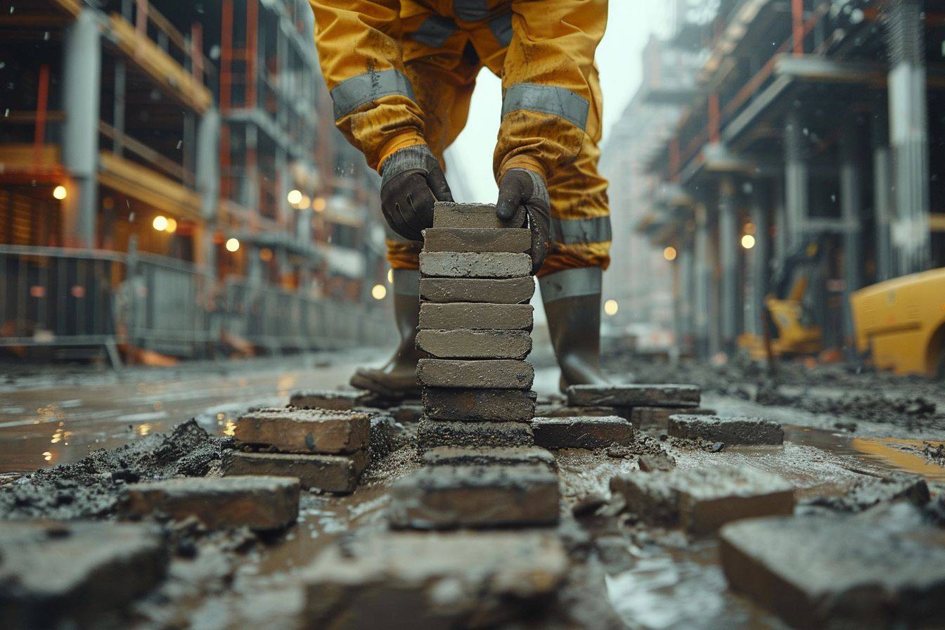 Construction worker laying bricks, cinematographic shot --style raw --chaos 30 --aspect ratio 3:2 --stylize 300