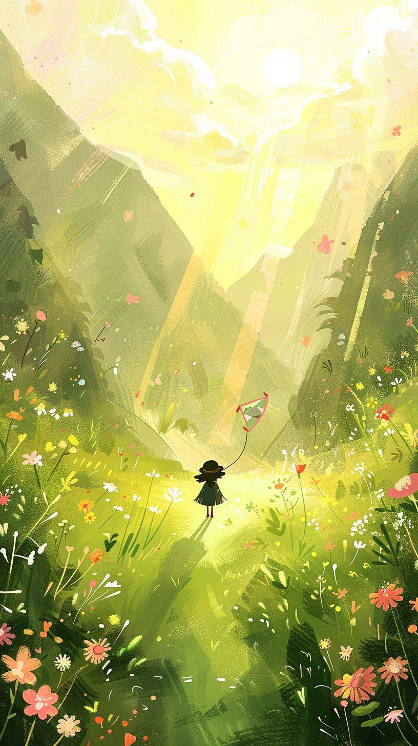 A girl is flying a kite on the green grass, flowers bloom on both sides of her path, the background is yellowish-green mountains and sky, watercolor illustration style, simple lines, children's picture book, Chinese ink painting style, pink tone, watercolor, simple strokes, minimalist art, colorful cartoon characters, illustration style, pink tone, green tones, small fresh, the sun shines down from above. A person wearing a hat stood in front of me. She was dressed in dark with long hair. There were many wildflowers blooming around.