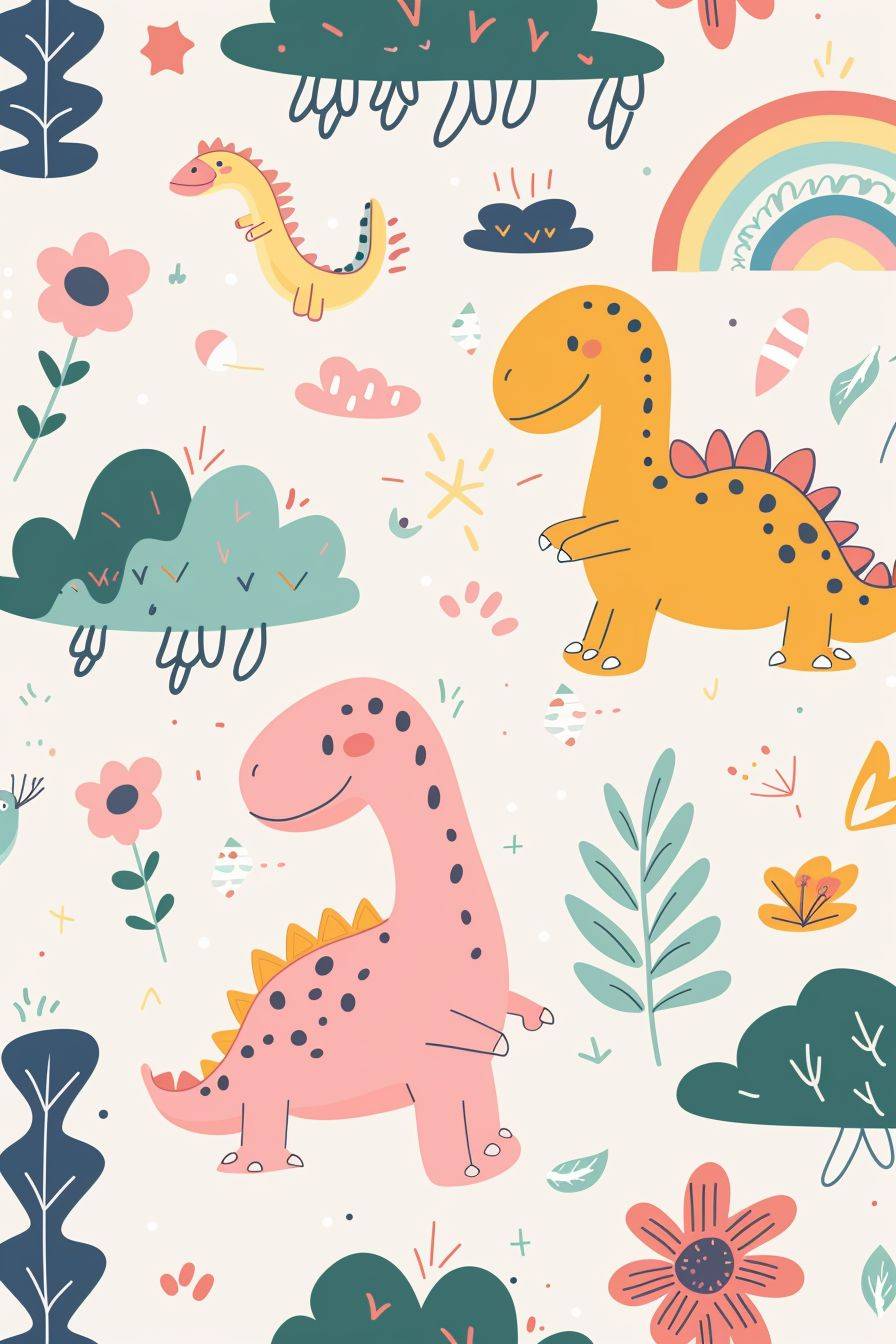 A cute kawaii design featuring dinosaurs, clouds, flowers, trees, rainbows and dinosaur patterns in a minimalistic illustration style similar to Crayon doodle drawing Artwork.