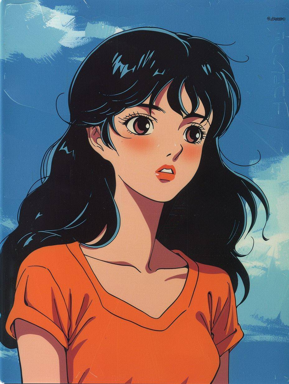 2000年初のアニメシリーズからのDVDの静止画、80年代のアニメスタイルの女性アニメキャラクター、ブリュネットの髪を持つ女性、青い背景、柔らかい女の子の美学、宮崎駿のスタイル、ノスタルジックなレトロアニメ、ポートレートショット--ar 3:4。