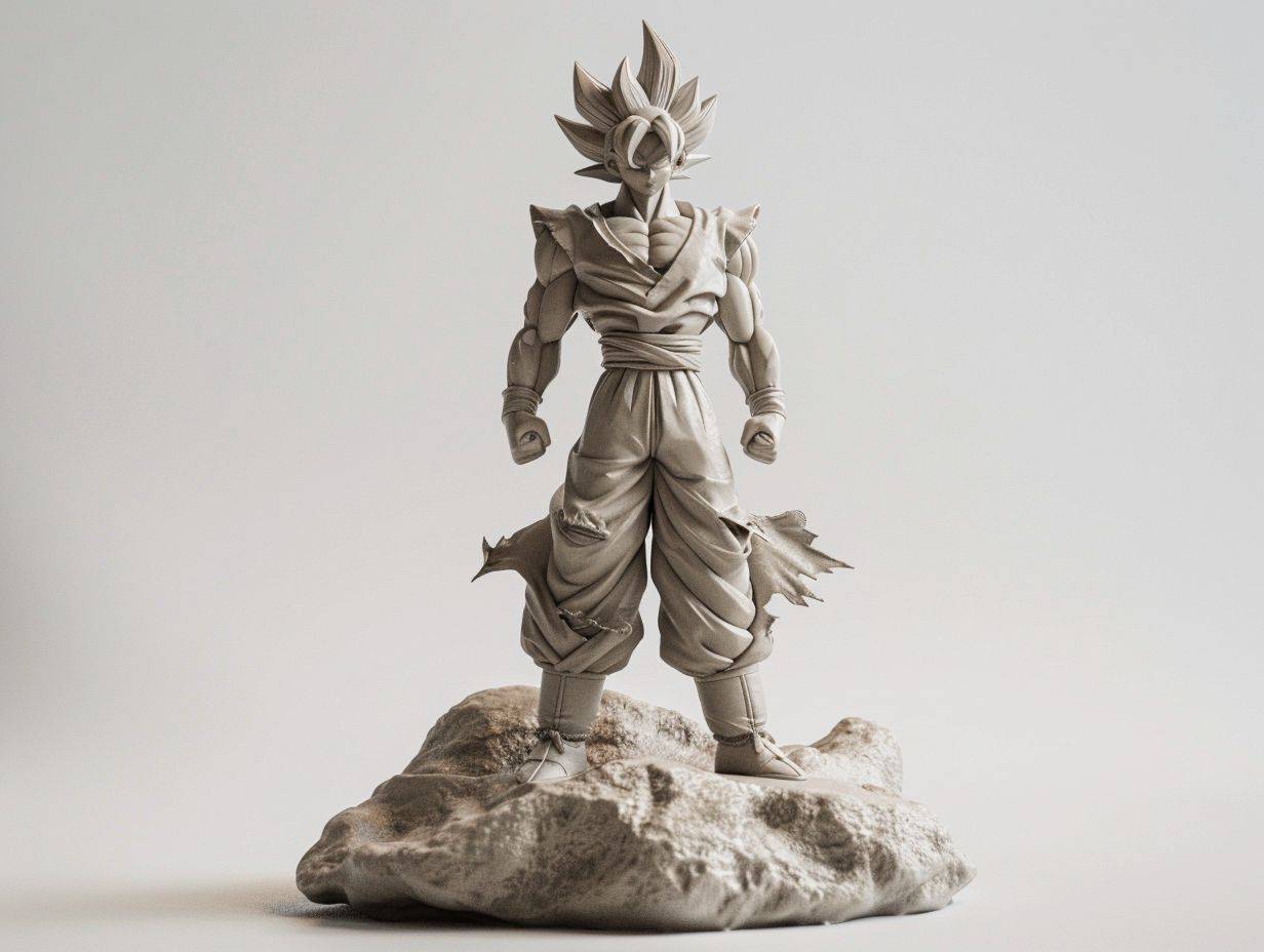 3D model of Goku, The character is standing on a rock in a battle-ready pose. The texture is white clay with a white background. 50mm lens, featuring soft shadows, low contrast, and clean sharp focus